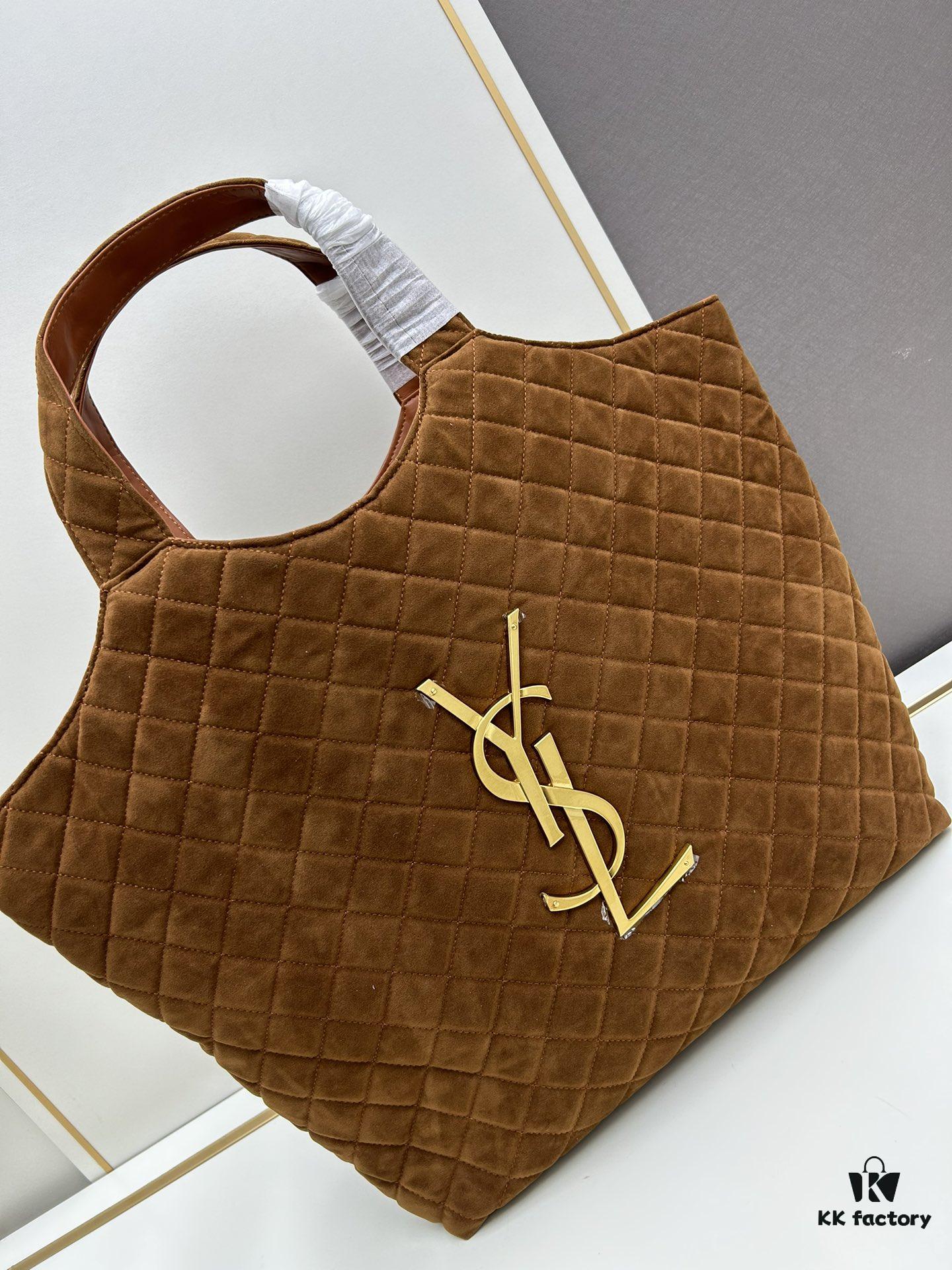 6930cf536e68136f4d9b09b8 New YSL Saint Laurent Suede Icare Quilted Tote Bag in Black and Caramel