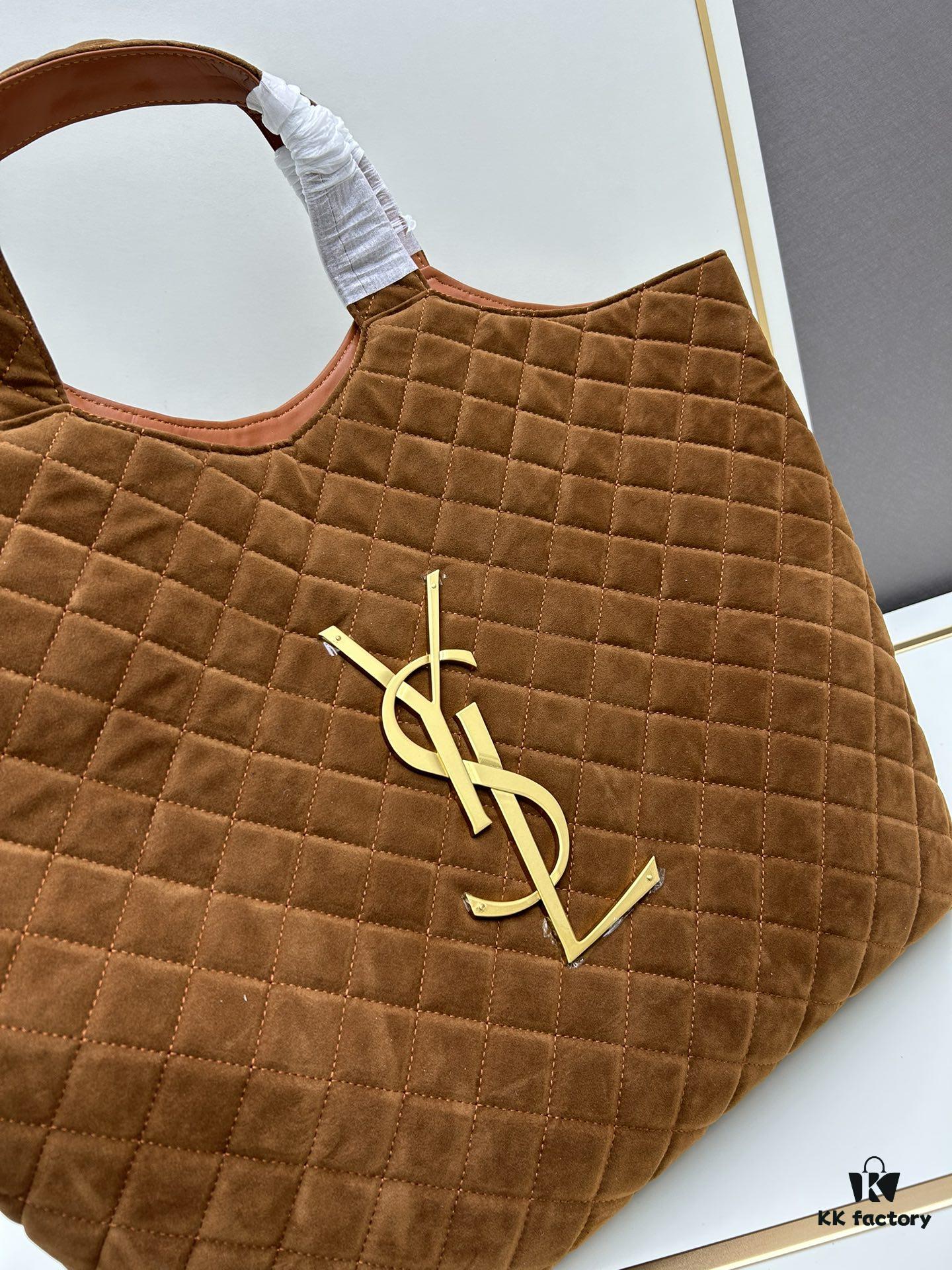6930cf546e68136f4d9b09bb New YSL Saint Laurent Suede Icare Quilted Tote Bag in Black and Caramel