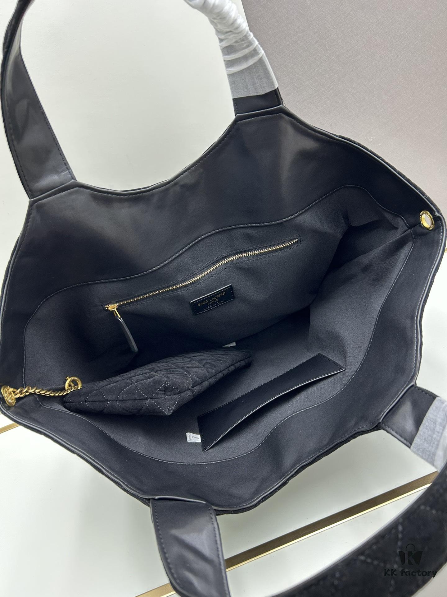 6930cf596e68136f4d9b09c2 New YSL Icare Suede Quilted Tote Bag in Black and Caramel