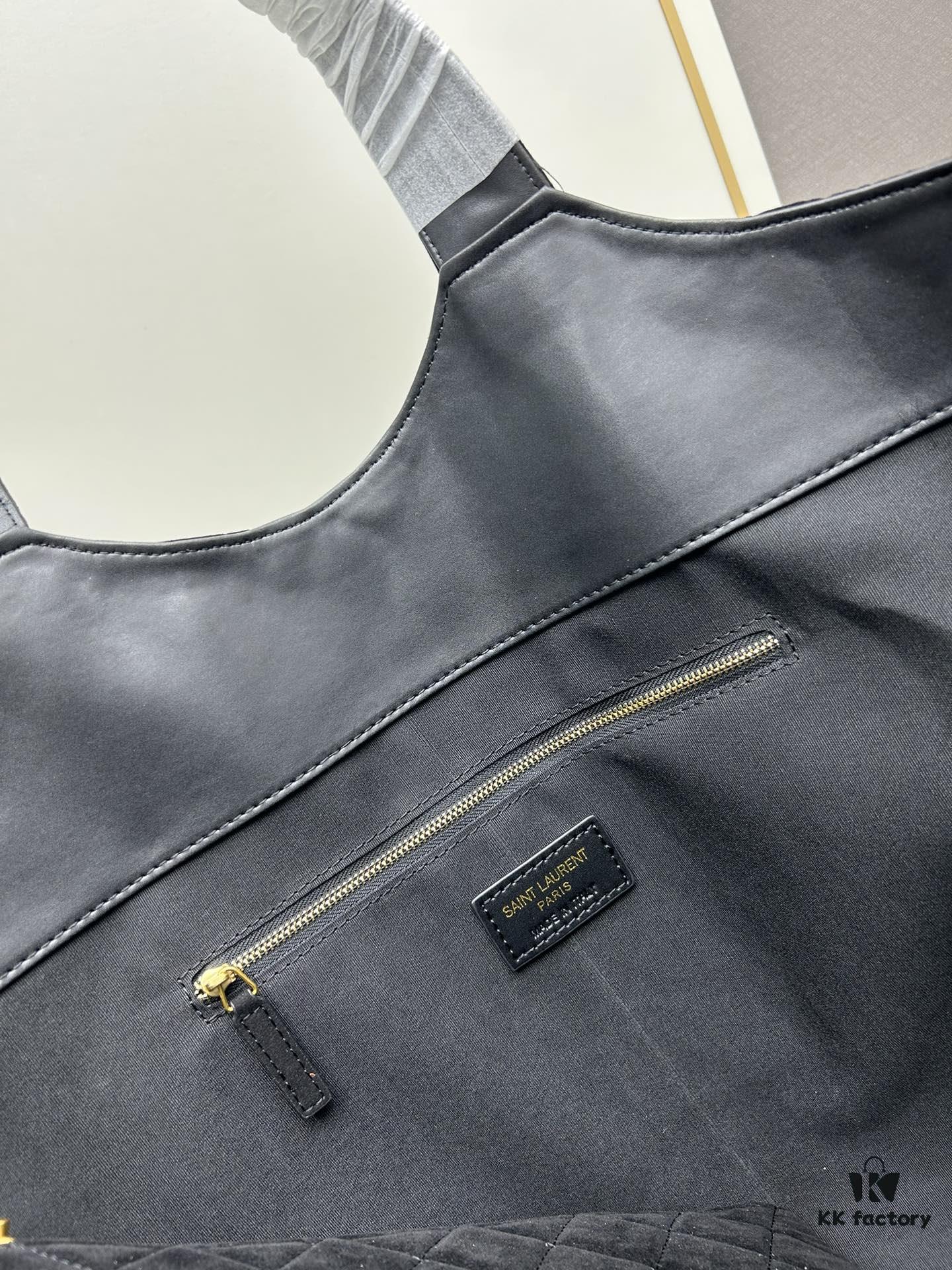 6930cf5b6e68136f4d9b09c5 New YSL Icare Suede Quilted Tote Bag in Black and Caramel