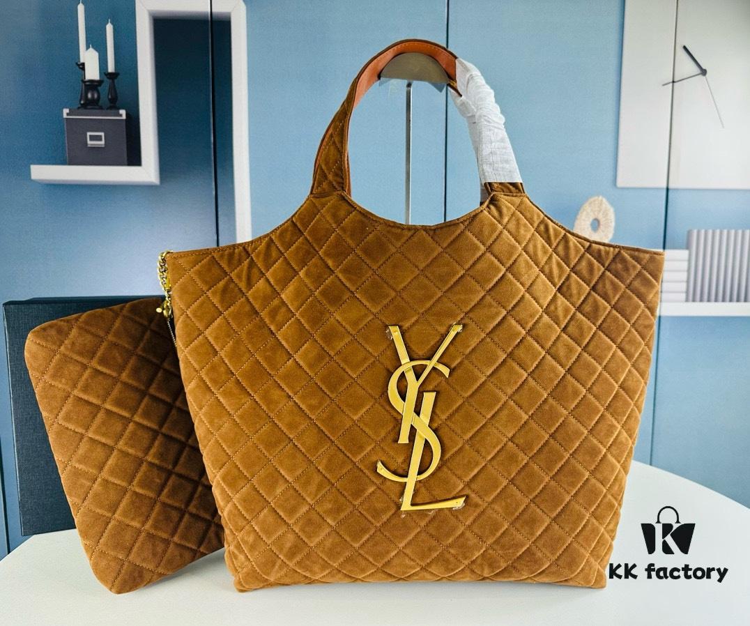 6930d0ed6e68136f4d9b0c2b New YSL Icare Suede Quilted Tote Bag in Black and Caramel