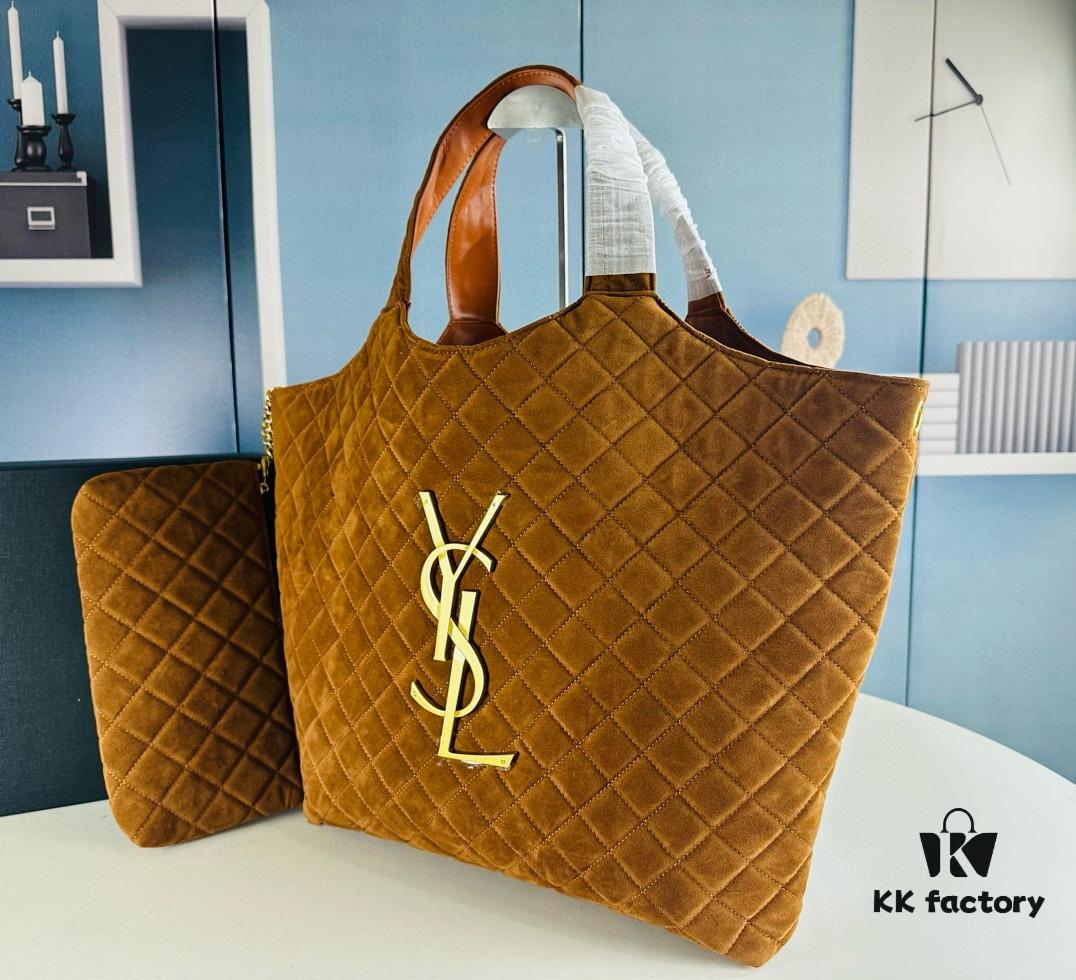 6930d0ed6e68136f4d9b0c2c New YSL Icare Suede Quilted Tote Bag in Black and Caramel