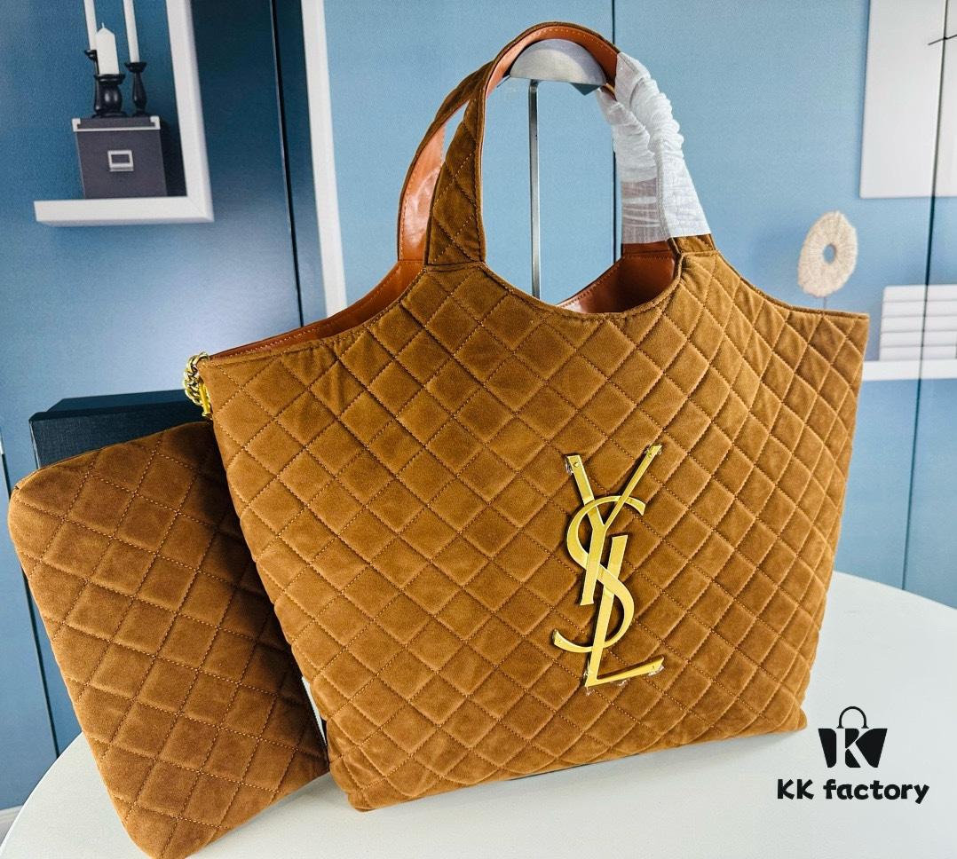 6930d0ef6e68136f4d9b0c2e New YSL Icare Suede Quilted Tote Bag in Black and Caramel