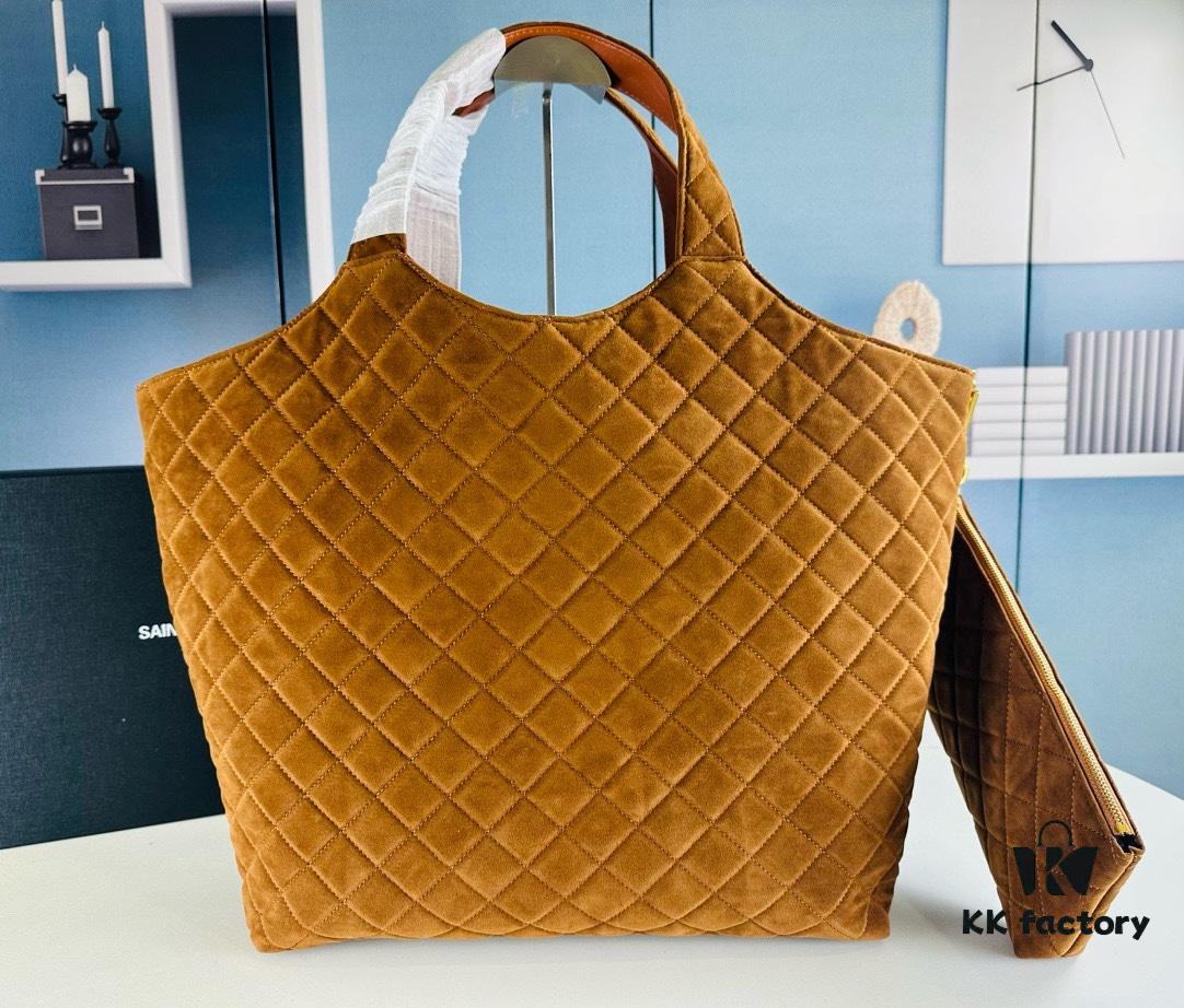 6930d0f06e68136f4d9b0c2f New YSL Icare Suede Quilted Tote Bag in Black and Caramel