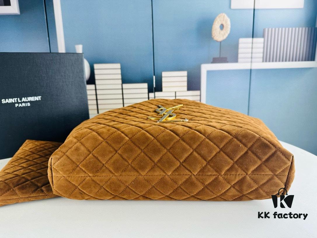 6930d0f06e68136f4d9b0c31 New YSL Icare Suede Quilted Tote Bag in Black and Caramel