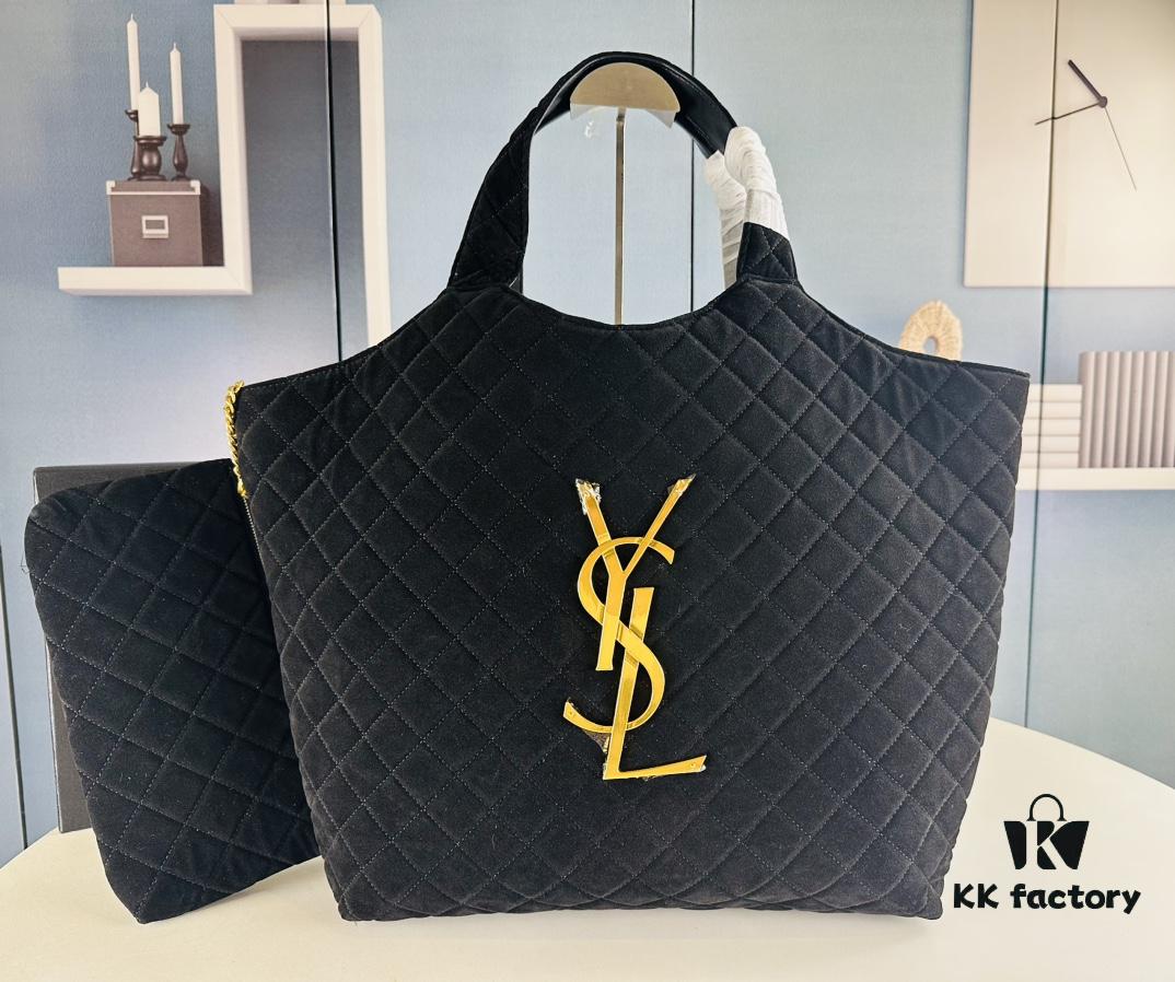 6930d0f16e68136f4d9b0c33 New YSL Icare Suede Quilted Tote Bag in Black and Caramel