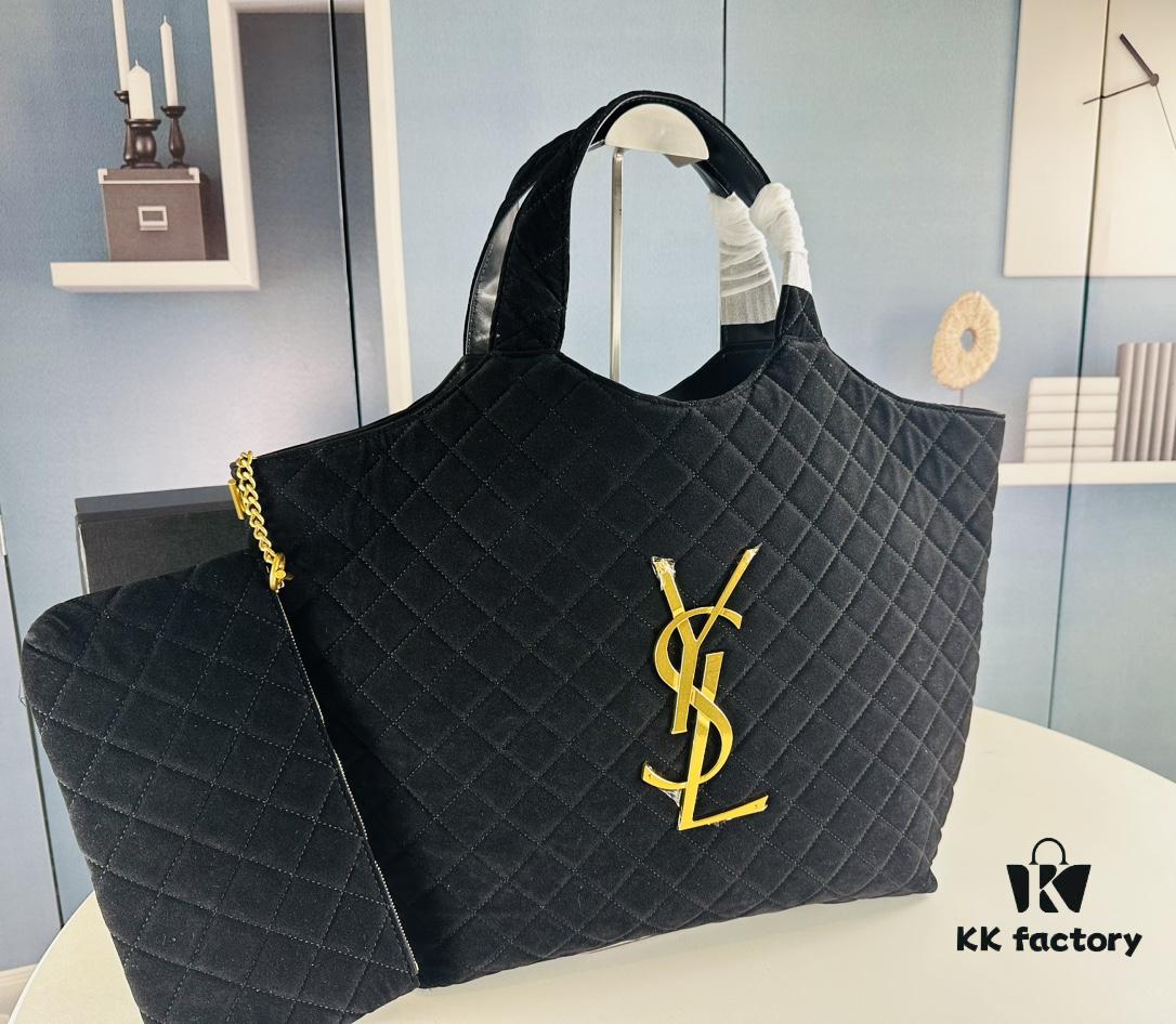 6930d0f26e68136f4d9b0c34 New YSL Icare Suede Quilted Tote Bag in Black and Caramel