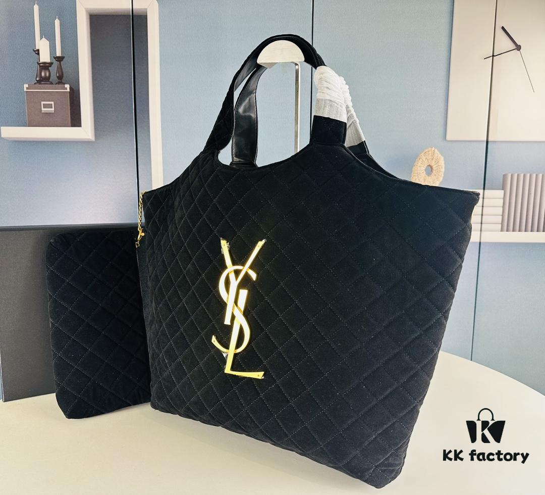 6930d0f36e68136f4d9b0c35 New YSL Icare Suede Quilted Tote Bag in Black and Caramel