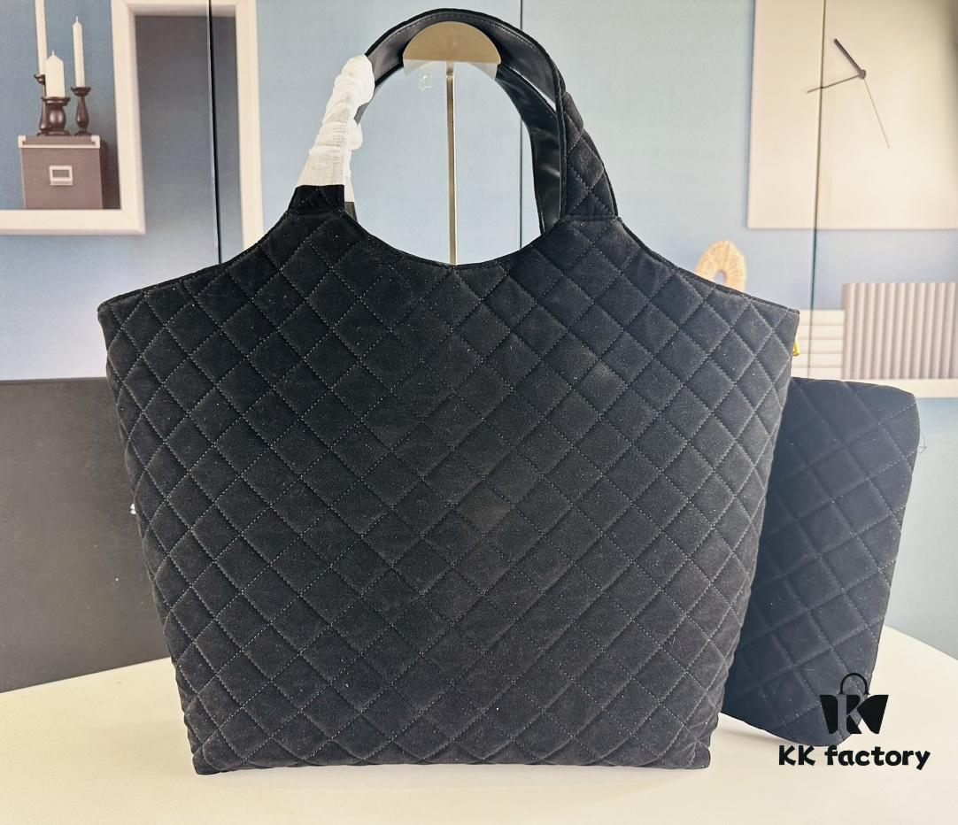 6930d0fa6e68136f4d9b0c42 New YSL Icare Suede Quilted Tote Bag in Black and Caramel