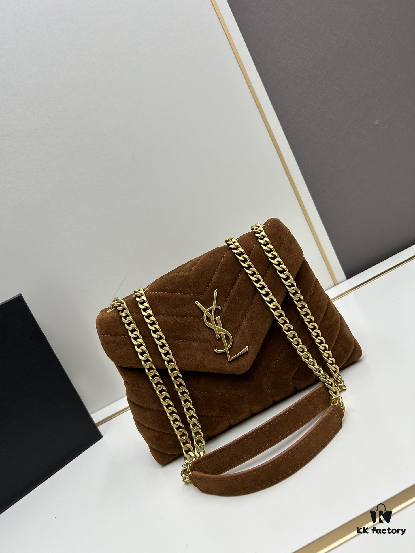 6930d1646e68136f4d9b0cec Medium YSL LOU LOU Suede Leather Chain Shoulder Bag in Black and Brown