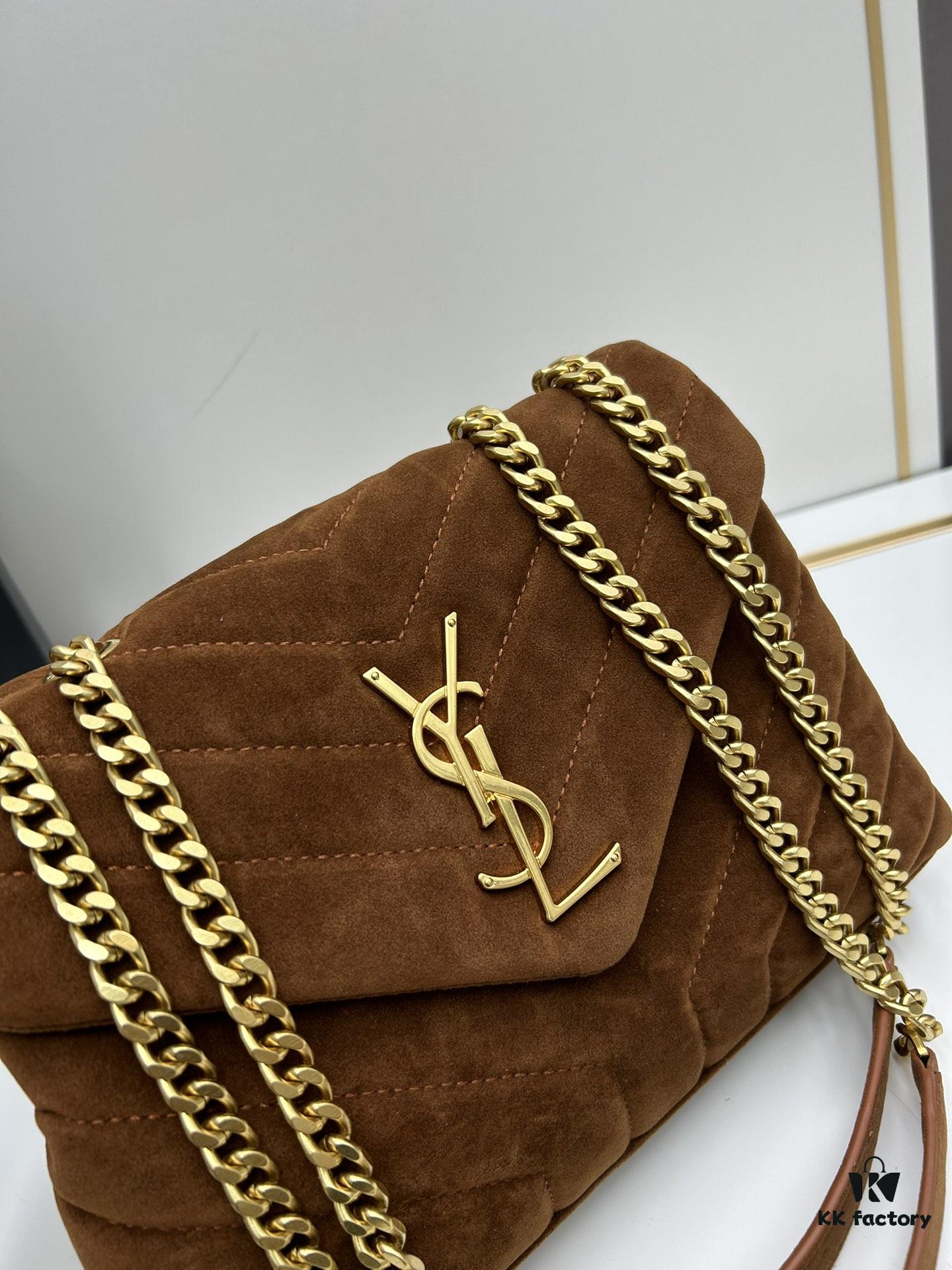 6930d1676e68136f4d9b0ced Medium YSL LOU LOU Suede Leather Chain Shoulder Bag in Black and Brown