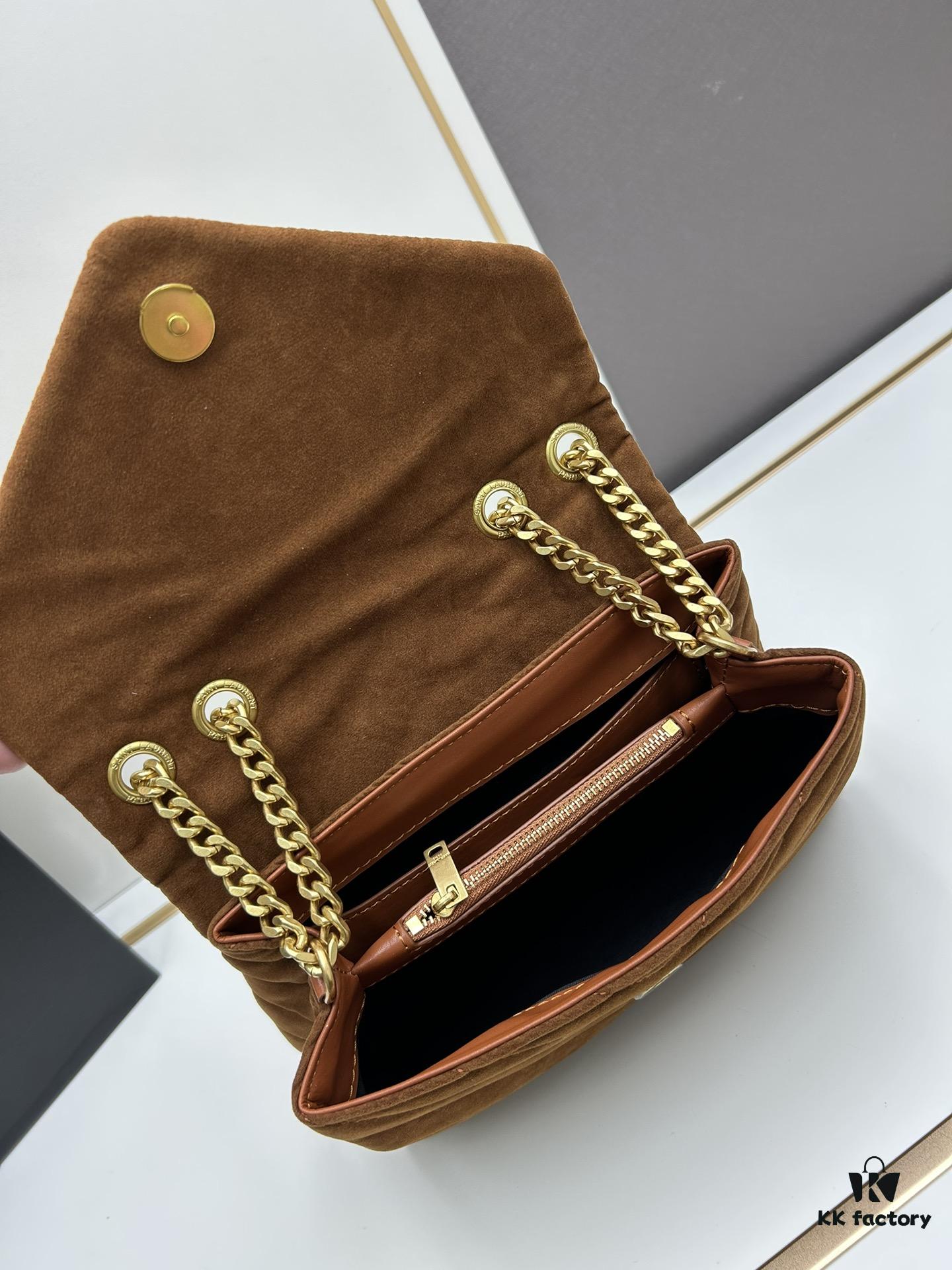 6930d16a6e68136f4d9b0cf2 Medium YSL LOU LOU Suede Leather Chain Shoulder Bag in Black and Brown