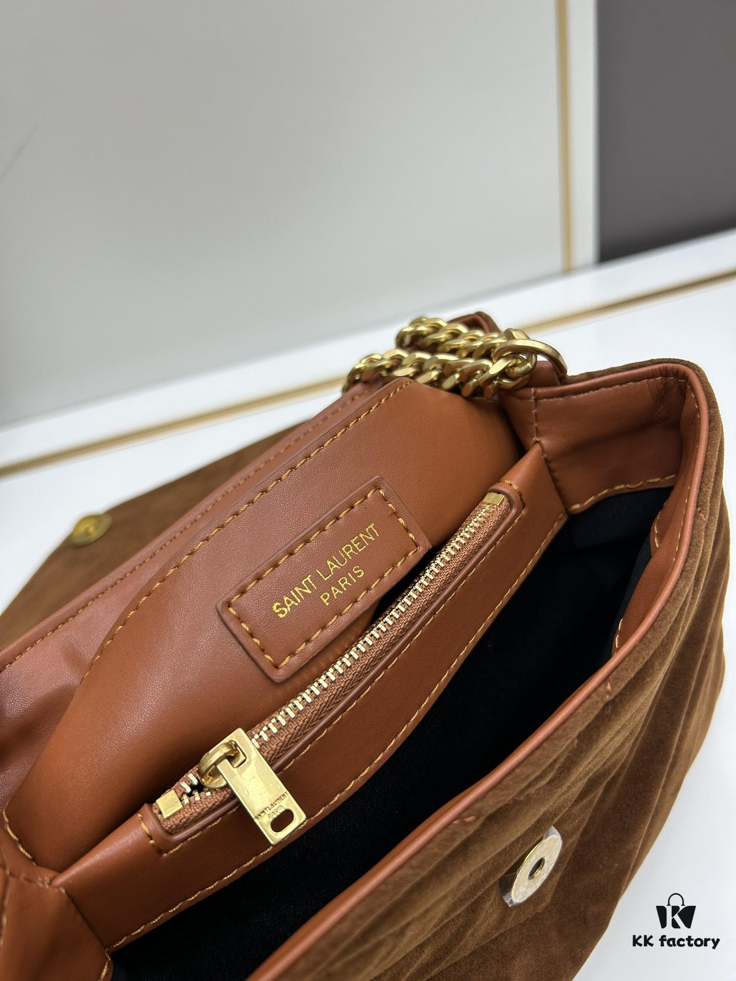 6930d16a6e68136f4d9b0cf3 Medium YSL LOU LOU Suede Leather Chain Shoulder Bag in Black and Brown