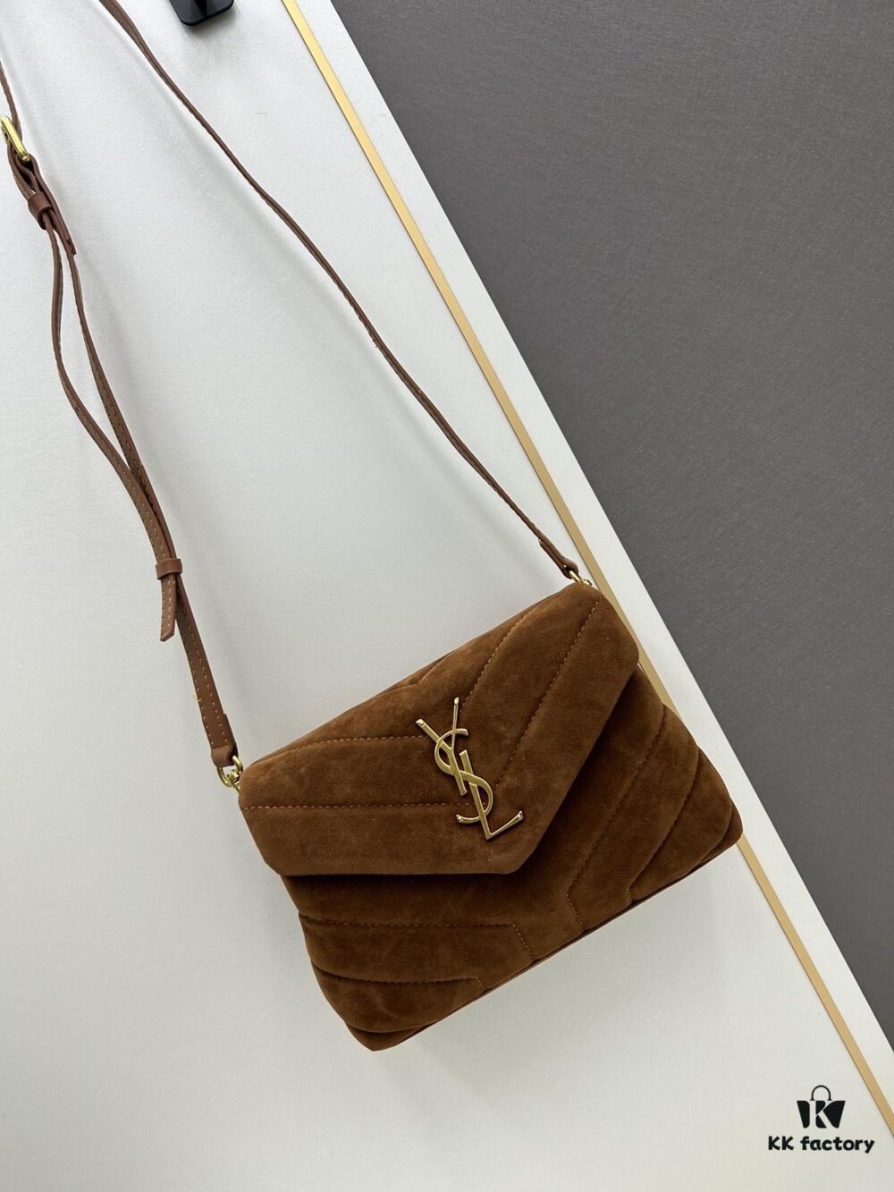 6930d1756e68136f4d9b0d01 Small YSL Loulou Suede Chain Shoulder Bag in Black and Brown with Box
