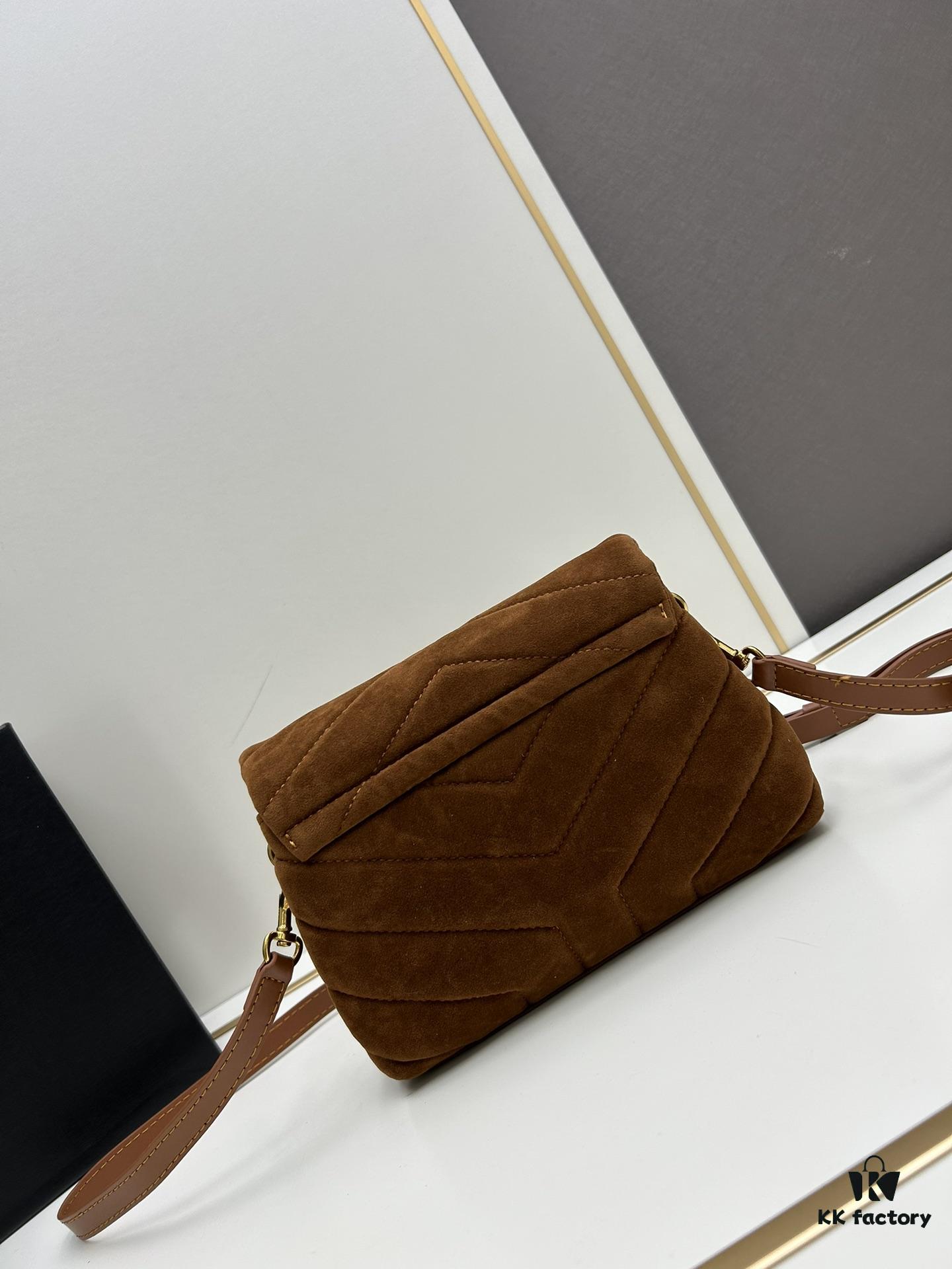 6930d1776e68136f4d9b0d04 Small YSL Loulou Suede Chain Shoulder Bag in Black and Brown with Box