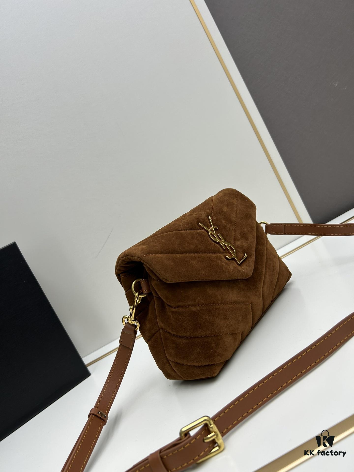 6930d1786e68136f4d9b0d06 Small YSL Loulou Suede Chain Shoulder Bag in Black and Brown with Box