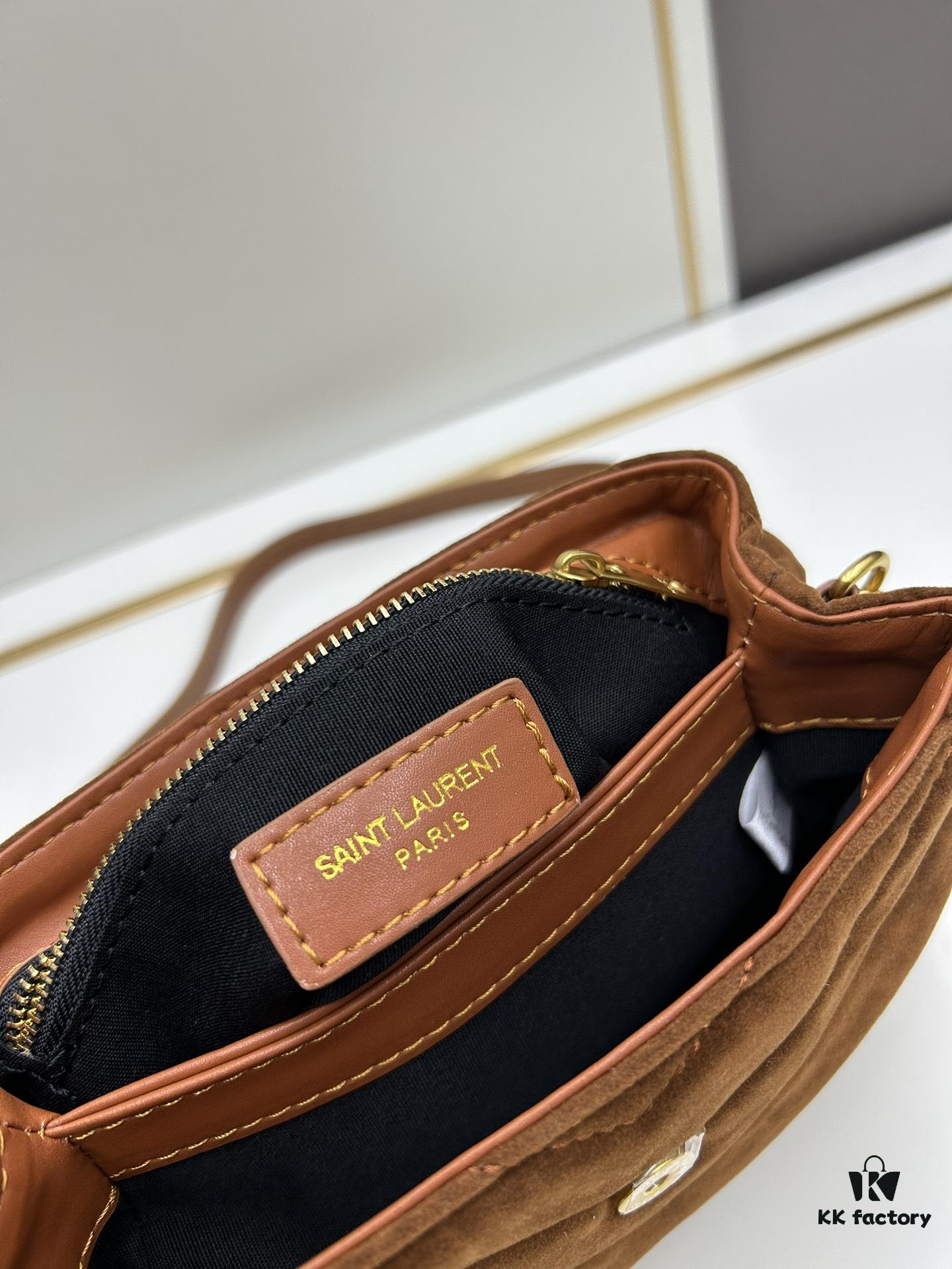 6930d17a6e68136f4d9b0d09 Small YSL Loulou Suede Chain Shoulder Bag in Black and Brown with Box