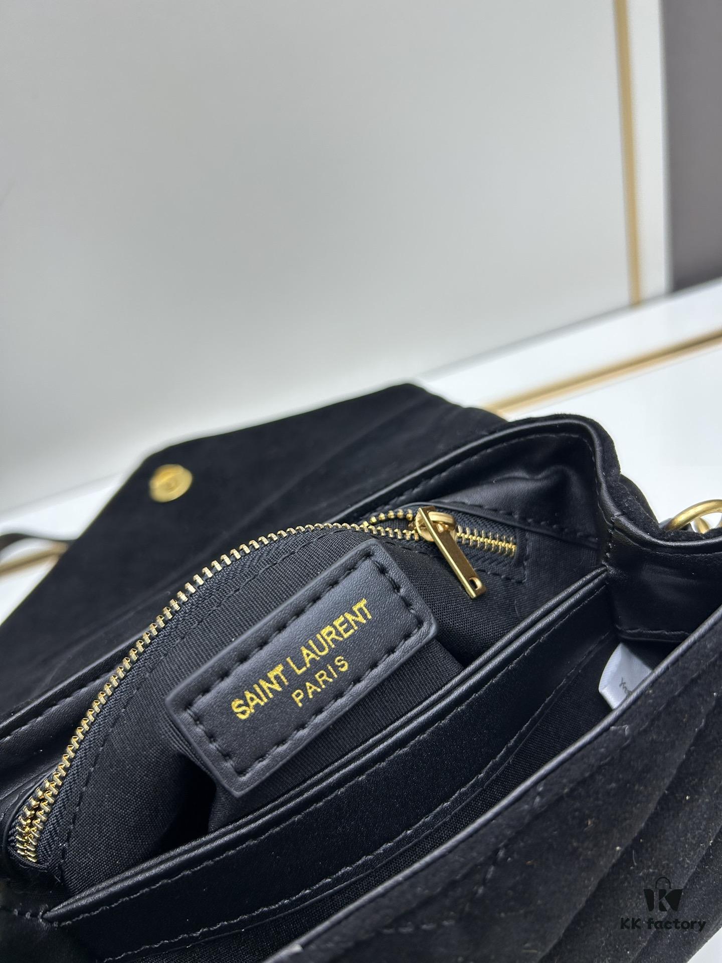 6930d1816e68136f4d9b0d13 Small YSL Loulou Suede Leather Chain Shoulder Bag in Black and Brown with Box