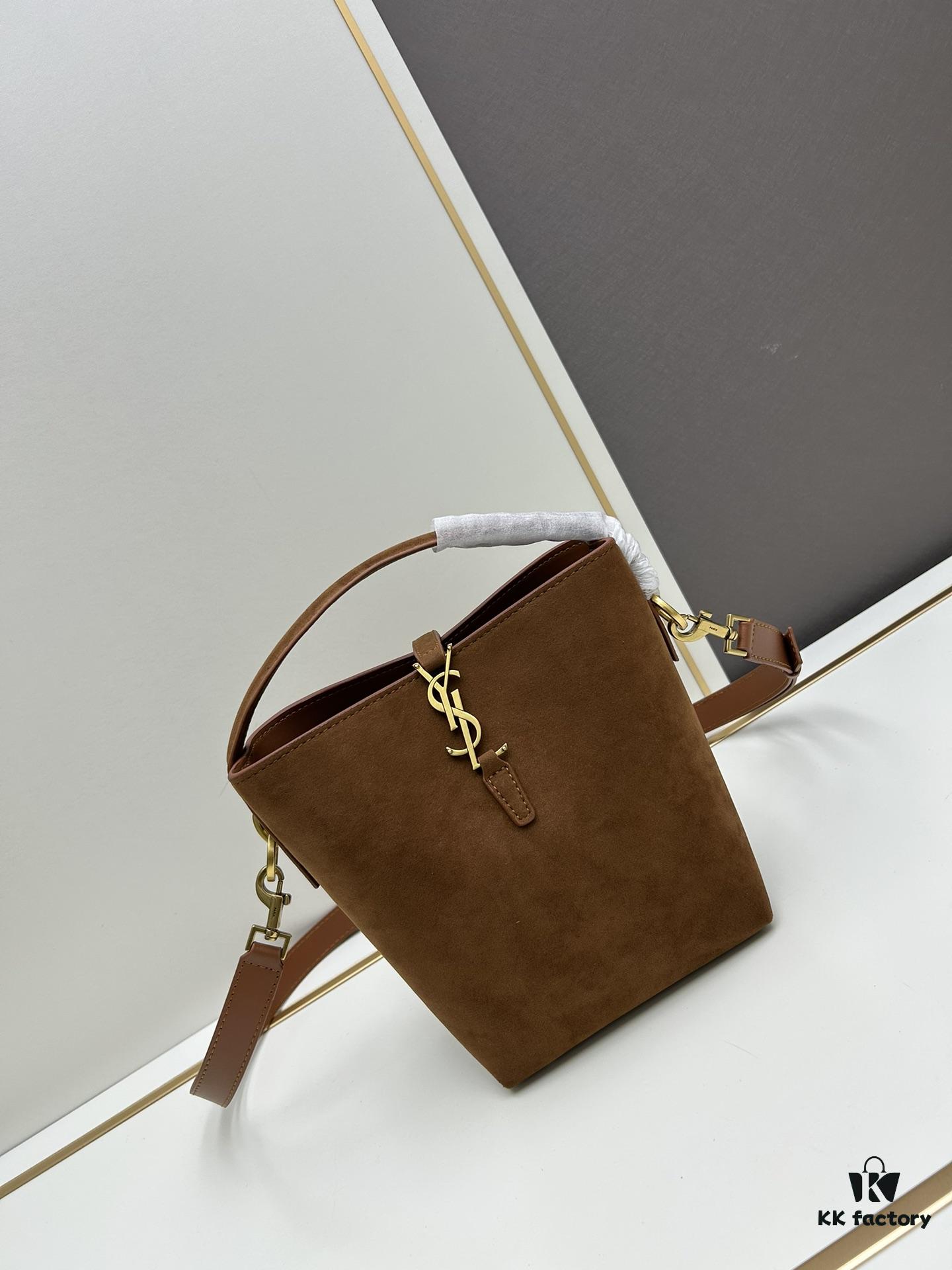 6930d1cc6e68136f4d9b0d84 New Autumn and Winter Arrival Matte Mini YSL Bucket Bag with Box - Authentic YSL LE37 in Black Gold Glossy Finish Style