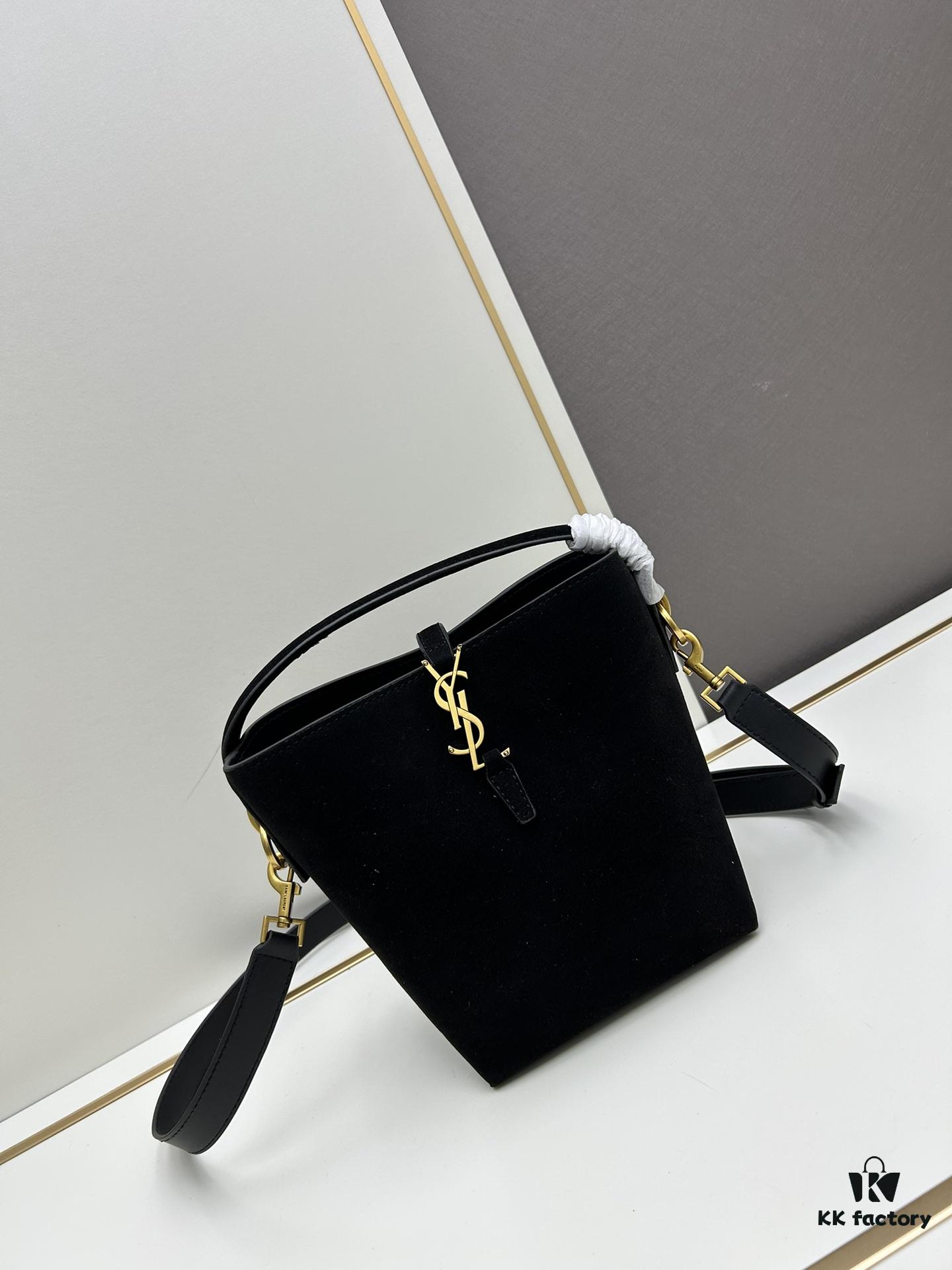 6930d1cc6e68136f4d9b0d85 New Autumn and Winter Arrival Matte Mini YSL Bucket Bag with Box - Authentic YSL LE37 in Black Gold Glossy Finish Style