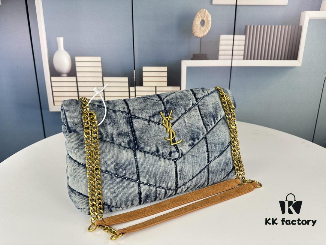 6930d4cc6e68136f4d9b11e0 New Large Denim YSL Puffer Bag with Box Loulou Puffer Cloud Bag Washed Denim with Beige Suede Strap