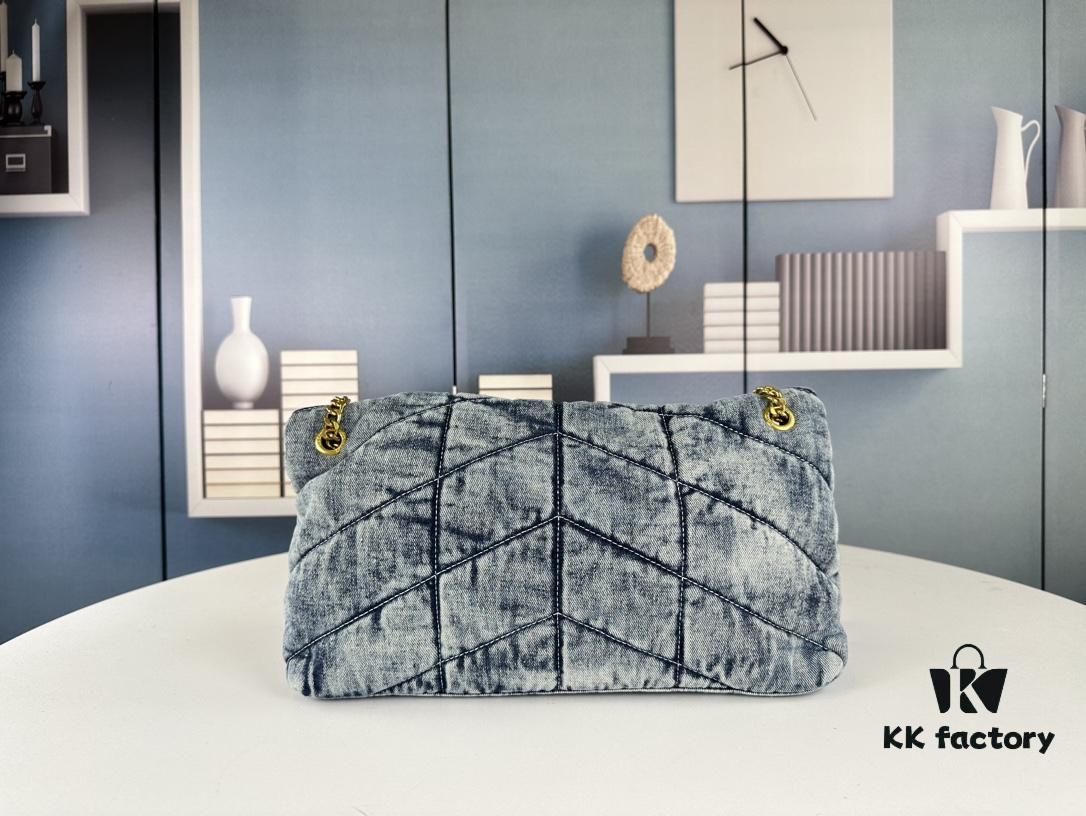 6930d4cc6e68136f4d9b11e1 New Large Denim YSL Puffer Bag with Box Loulou Puffer Cloud Bag Washed Denim with Beige Suede Strap