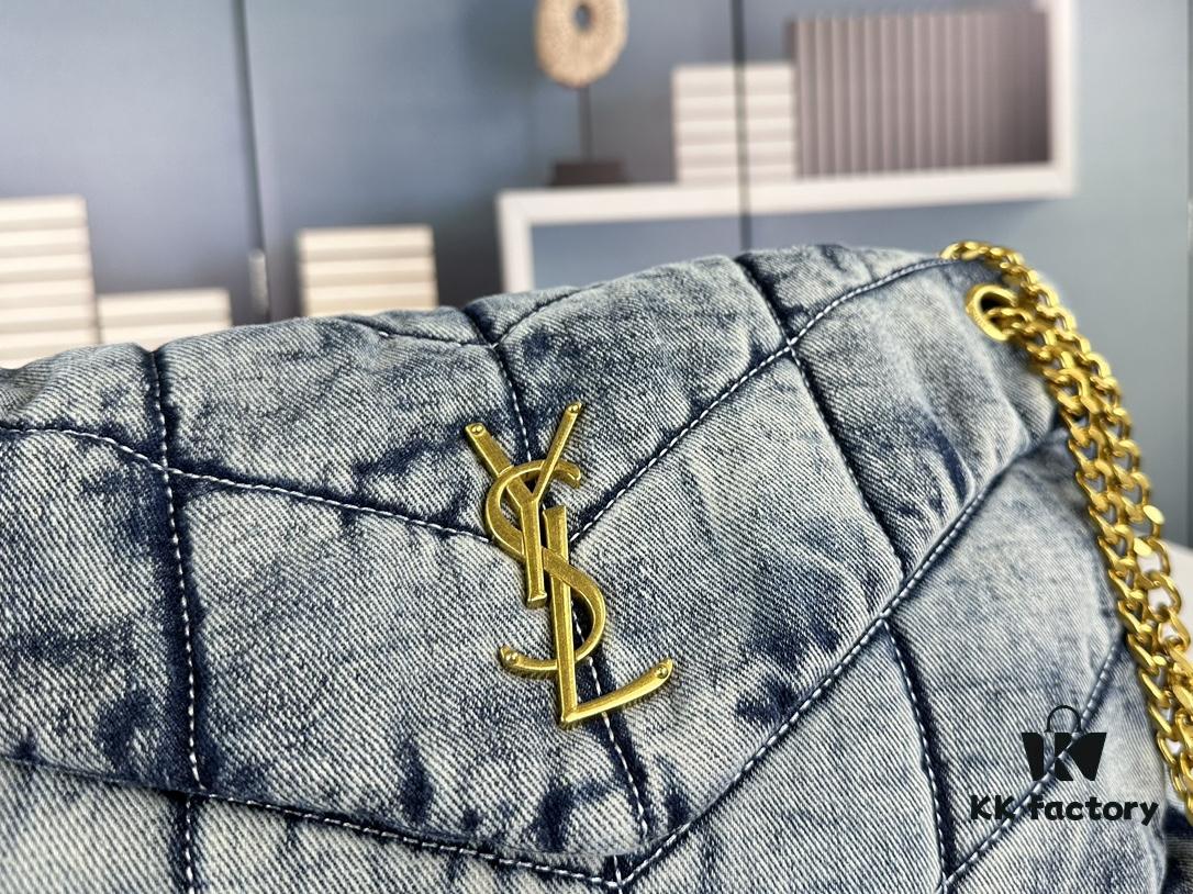 6930d4ce6e68136f4d9b11e3 New Large Denim YSL Puffer Bag with Box Loulou Puffer Cloud Bag Washed Denim with Beige Suede Strap
