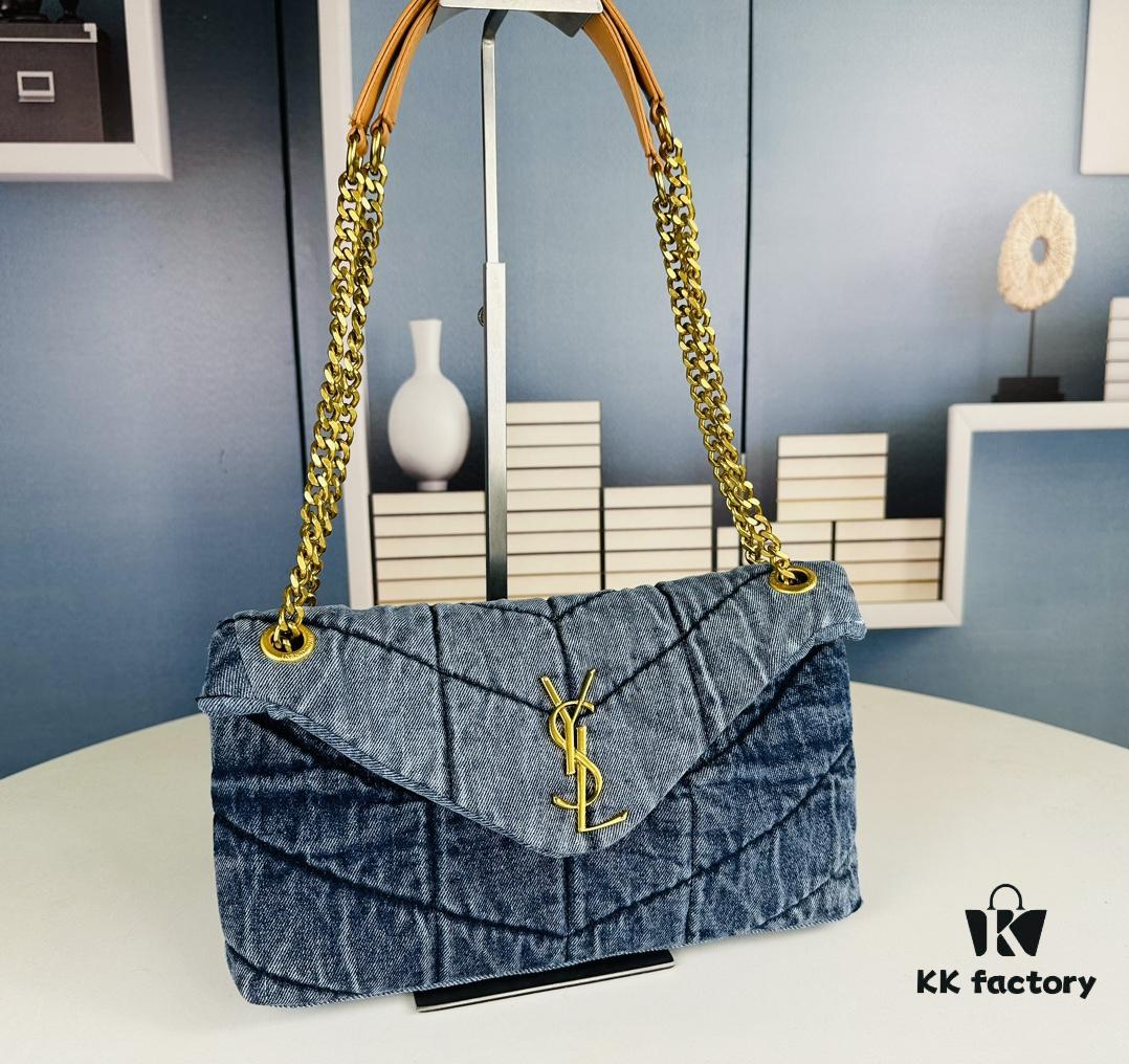 6930d4d26e68136f4d9b11e8 New Small YSL Loulou Puffer Denim Bag with Box - Washed Denim with Beige Suede Strap
