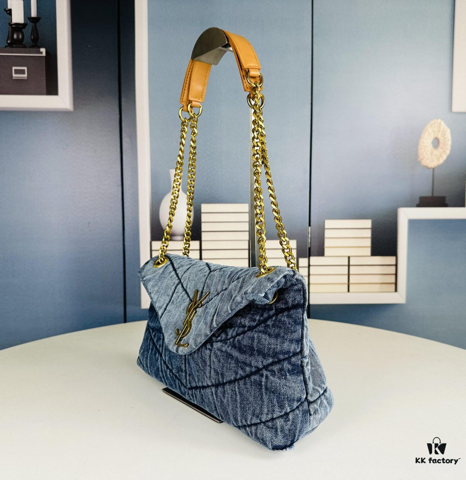 6930d4d46e68136f4d9b11e9 New Small YSL Loulou Puffer Denim Bag with Box - Washed Denim with Beige Suede Strap