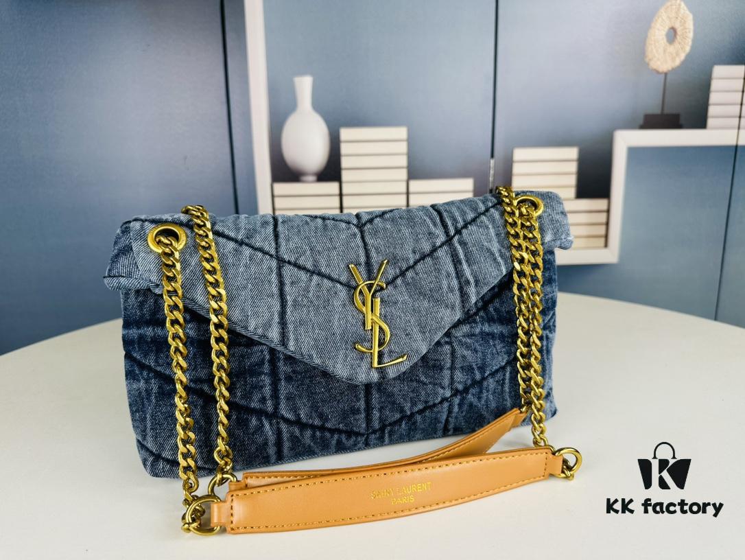 6930d4d46e68136f4d9b11ea New Small YSL Loulou Puffer Denim Bag with Box - Washed Denim with Beige Suede Strap