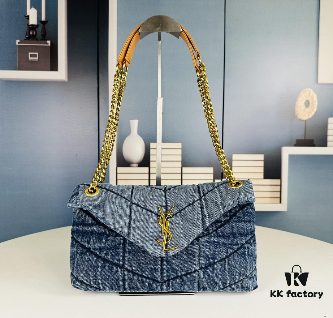 6930d4d66e68136f4d9b11ef New Small YSL Loulou Puffer Denim Bag with Box - Washed Denim with Beige Suede Strap