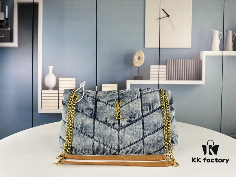 6930d4d76e68136f4d9b11f2 New Large Denim YSL Puffer Bag with Box Loulou Puffer Cloud Bag Washed Denim with Beige Suede Strap