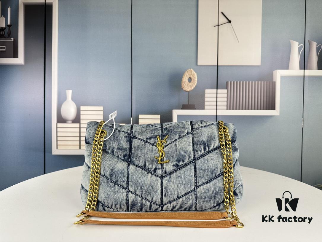 6930d4d76e68136f4d9b11f2 New Large Denim YSL Puffer Bag with Box Loulou Puffer Cloud Bag Washed Denim with Beige Suede Strap