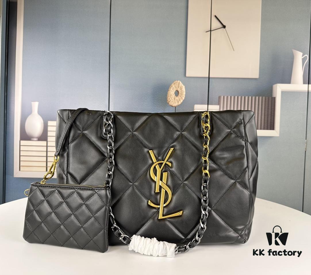 YSL New Tote Bag in Lambskin Black and Gold [Horizontal Style]