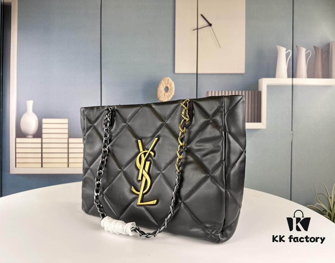 YSL New Tote Bag in Lambskin Black and Gold [Horizontal Style]
