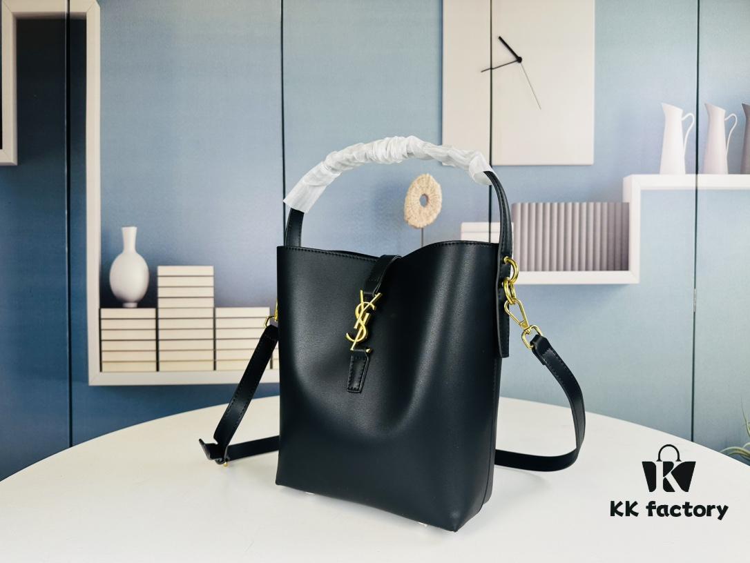6930d6976e68136f4d9b14b1 New Arrival with Box! Authentic YSL LE37 Bucket Bag, Celeb-Style Shiny Leather Black-Gold Edition