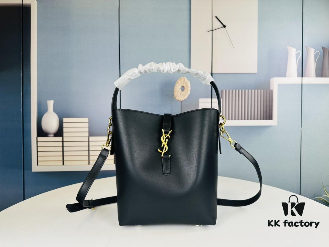 6930d6976e68136f4d9b14b2 New Arrival with Box! Authentic YSL LE37 Bucket Bag, Celeb-Style Shiny Leather Black-Gold Edition