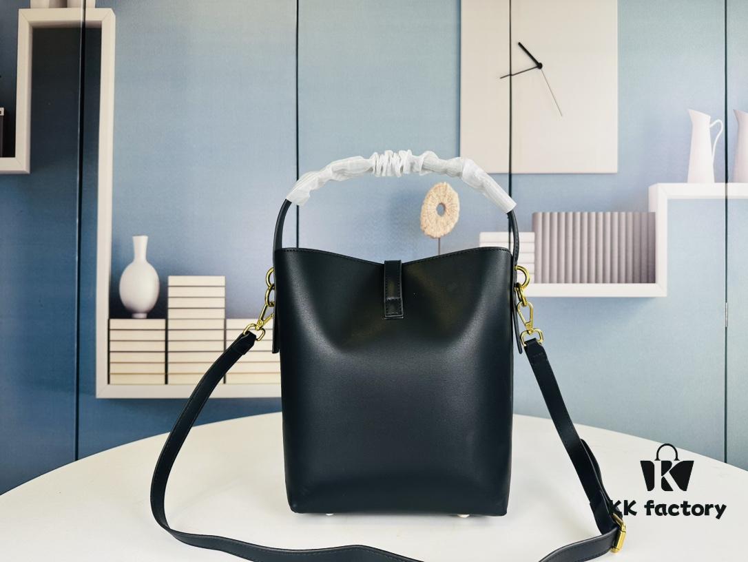 6930d6996e68136f4d9b14b4 New Arrival with Box! Authentic YSL LE37 Bucket Bag, Celeb-Style Shiny Leather Black-Gold Edition