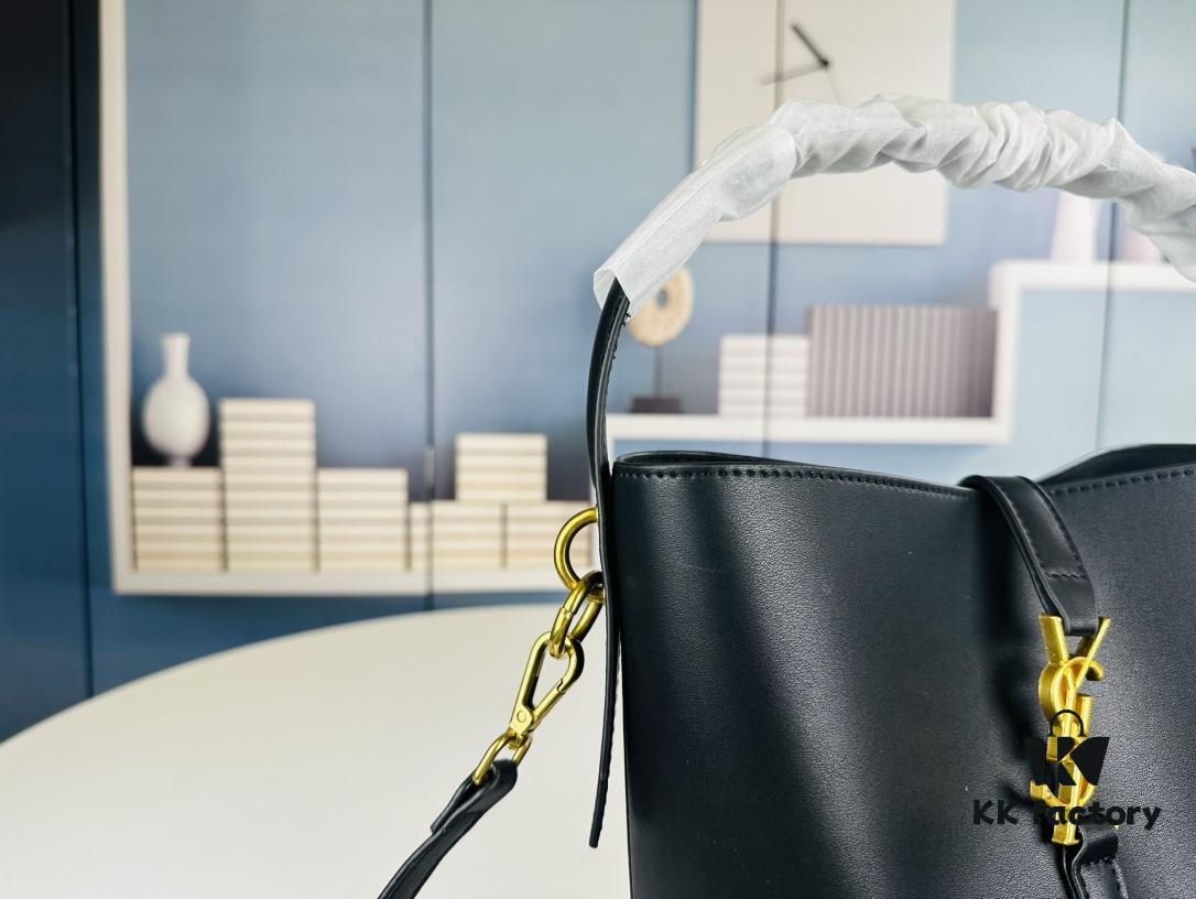 6930d69a6e68136f4d9b14b6 New Arrival with Box! Authentic YSL LE37 Bucket Bag, Celeb-Style Shiny Leather Black-Gold Edition