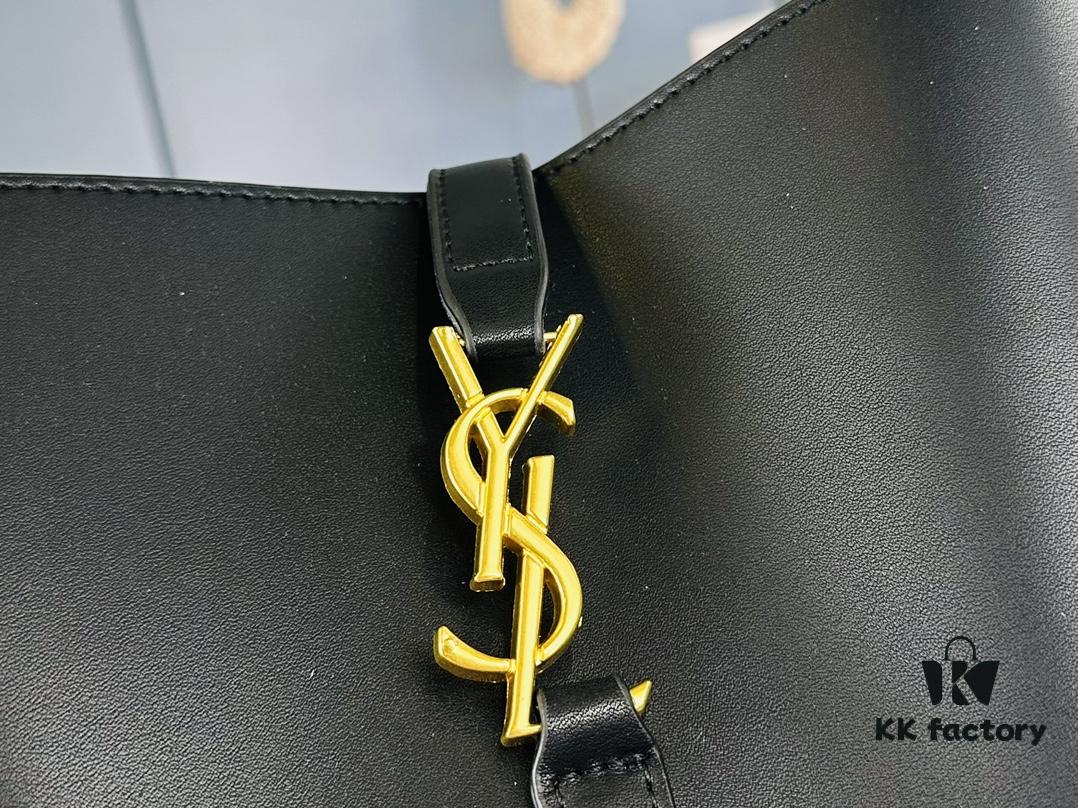 6930d69b6e68136f4d9b14b9 New Arrival with Box! Authentic YSL LE37 Bucket Bag, Celeb-Style Shiny Leather Black-Gold Edition