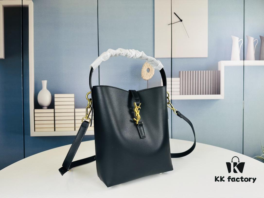 6930d69d6e68136f4d9b14bd New Arrival with Box! Authentic YSL LE37 Bucket Bag, Celeb-Style Shiny Leather Black-Gold Edition