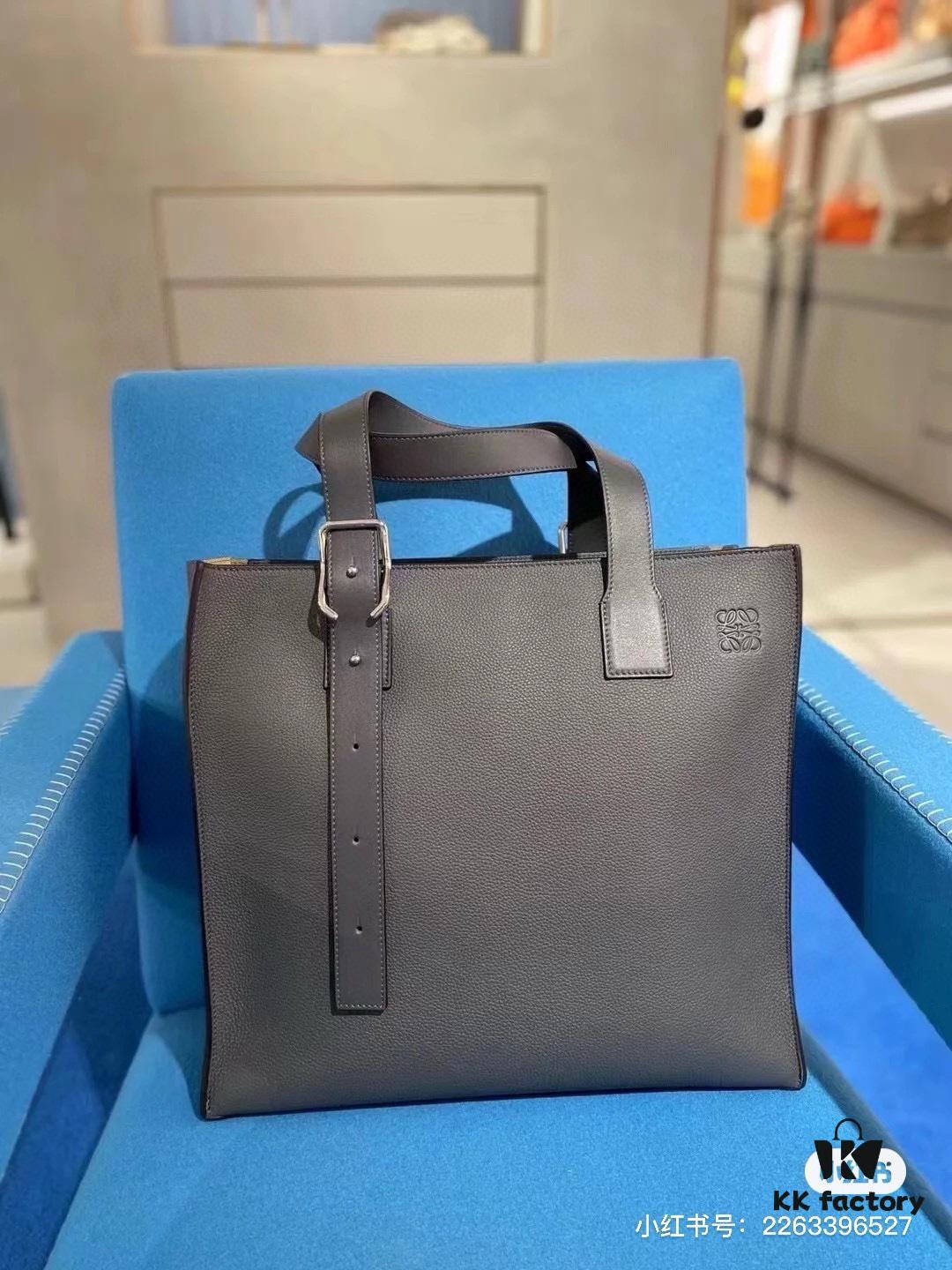 Loewe Buckle Tote Without Zip, Deep Gray Crinkled Texture Handbag for Men, Model 3050