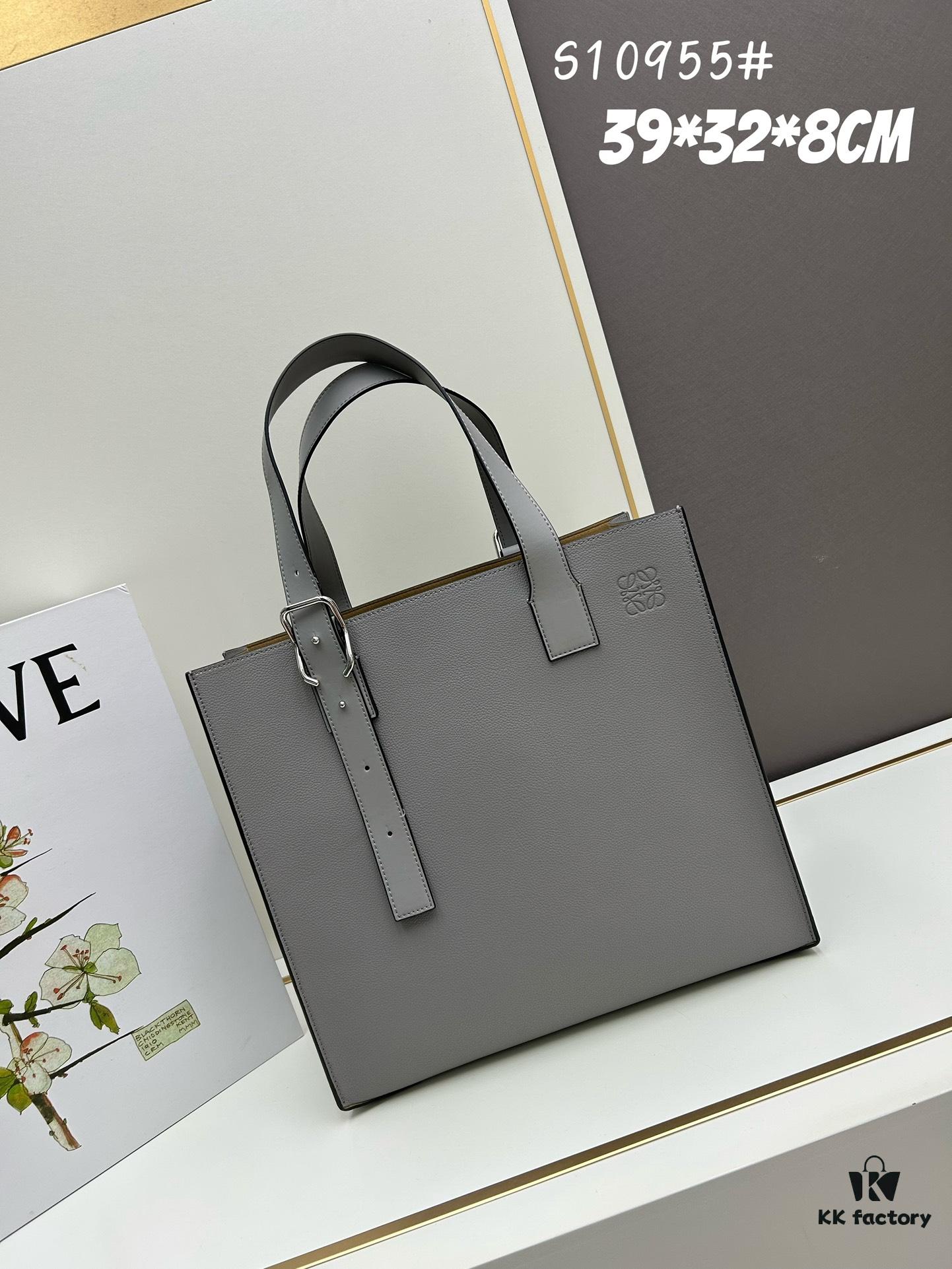 Loewe Buckle Tote Without Zip, Deep Gray Crinkled Texture Handbag for Men, Model 3050