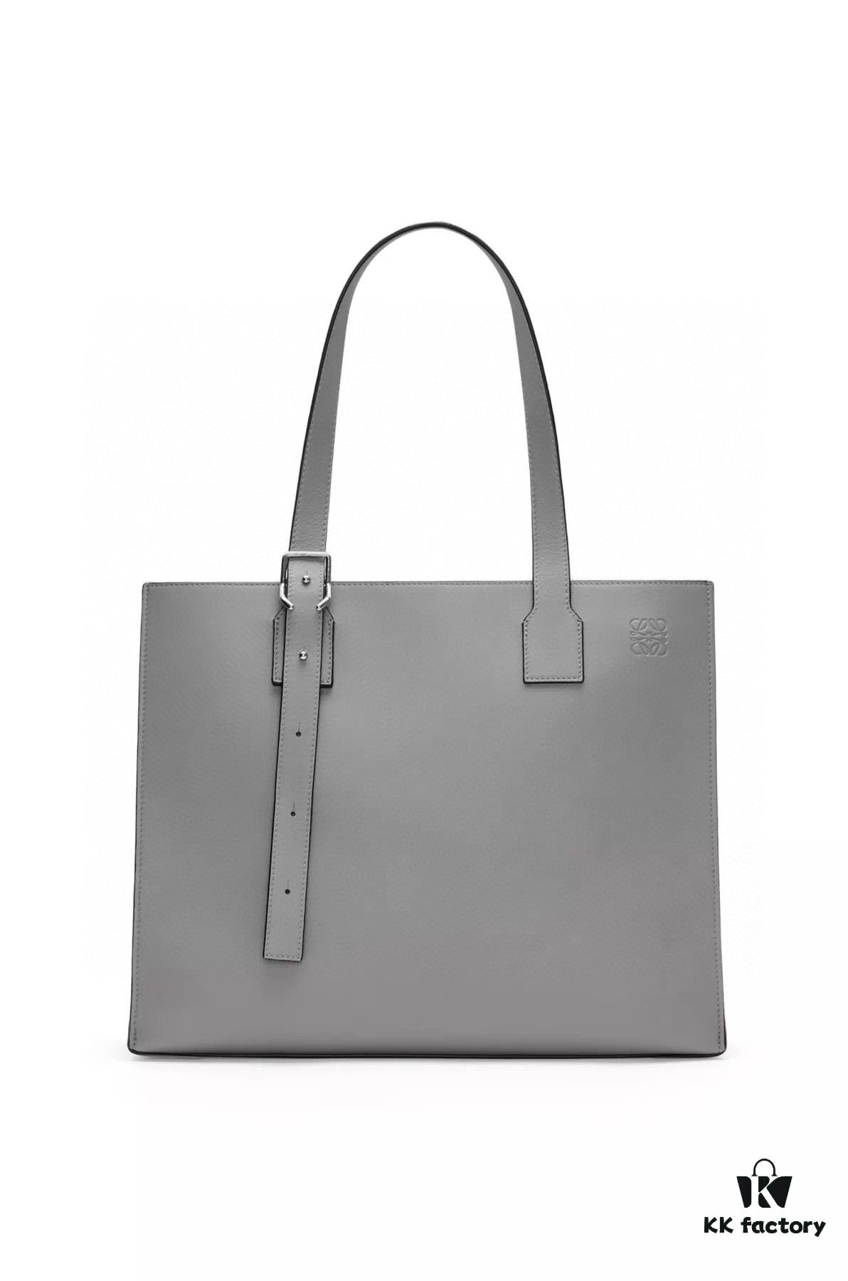 Loewe Buckle Tote Without Zip, Deep Gray Crinkled Texture Handbag for Men, Model 3050