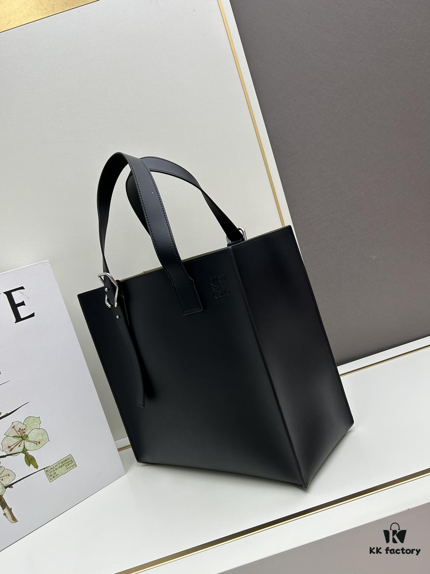 6930d7ef6e68136f4d9b16a1 Loewe Buckle Tote Without Zip, Deep Gray Crinkled Texture Handbag, Men's Gray Tote Bag Model 3050