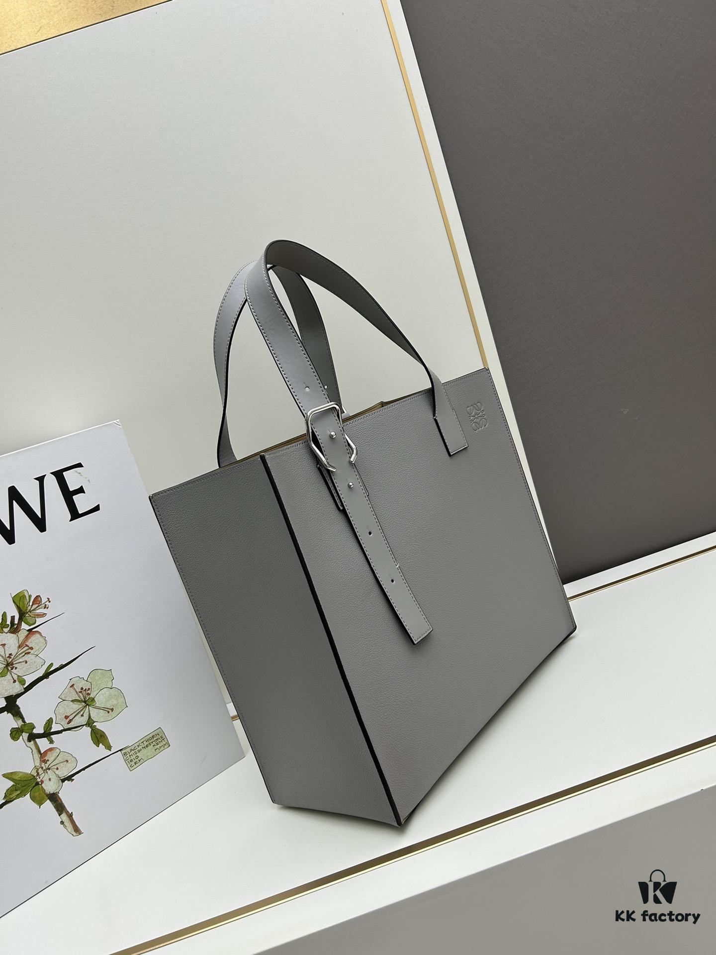 6930d7f46e68136f4d9b16a9 Loewe Buckle Tote Without Zip, Deep Grey Veined Calfskin Handbag for Men, Model 3050