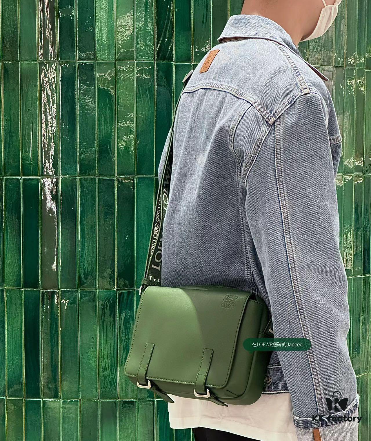 6930d8d26e68136f4d9b17cc Loewe New Soft Smooth Cowhide Leather and Jacquard Fabric Military Messenger Bag for Men