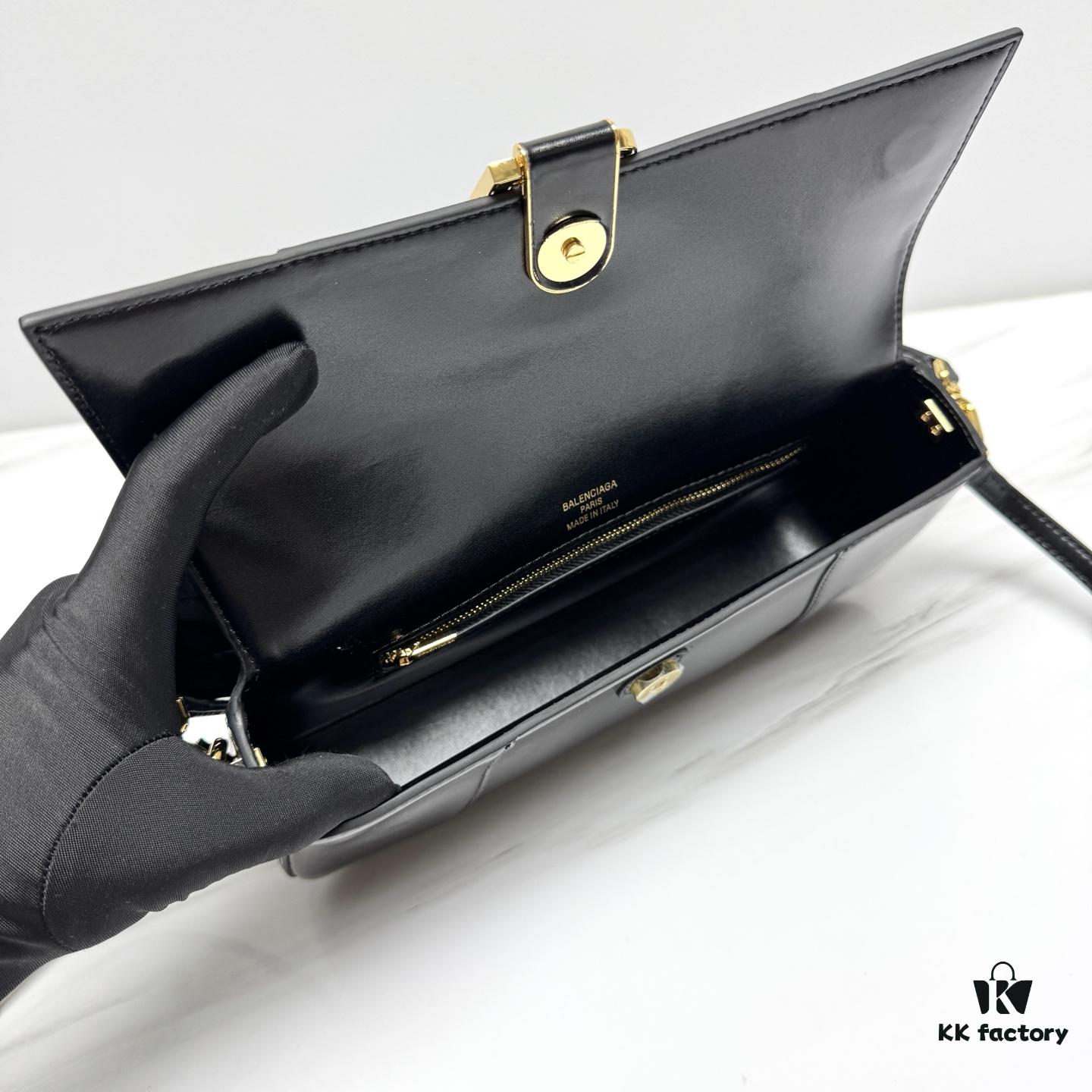 6930d9a06e68136f4d9b18e6 Hot Selling Genuine BALENCIAGA Hourglass Crossbody Bag in Black and Gold Plain Texture - Large Size