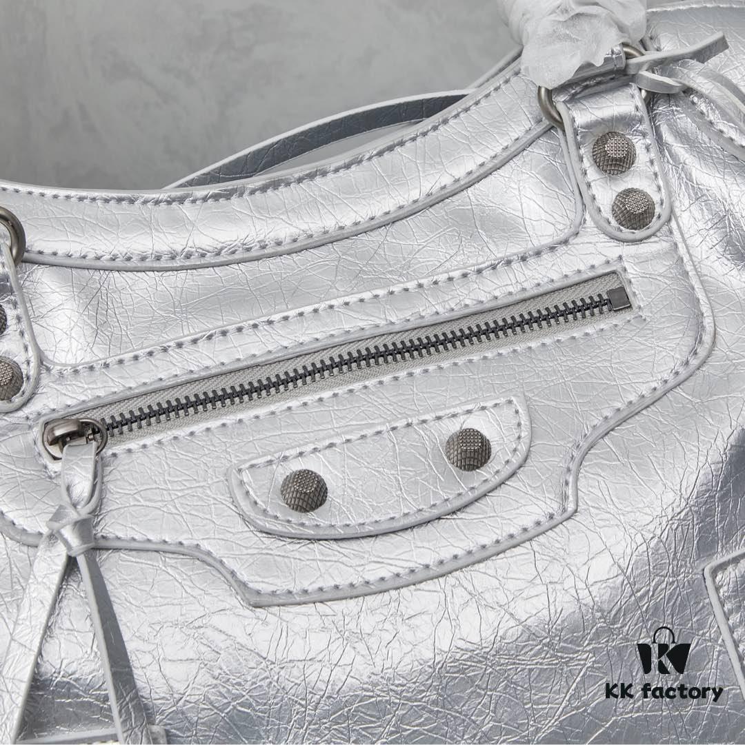 Balenciaga Motorcycle Bag Medium Size with Silver Buckle, Includes Box