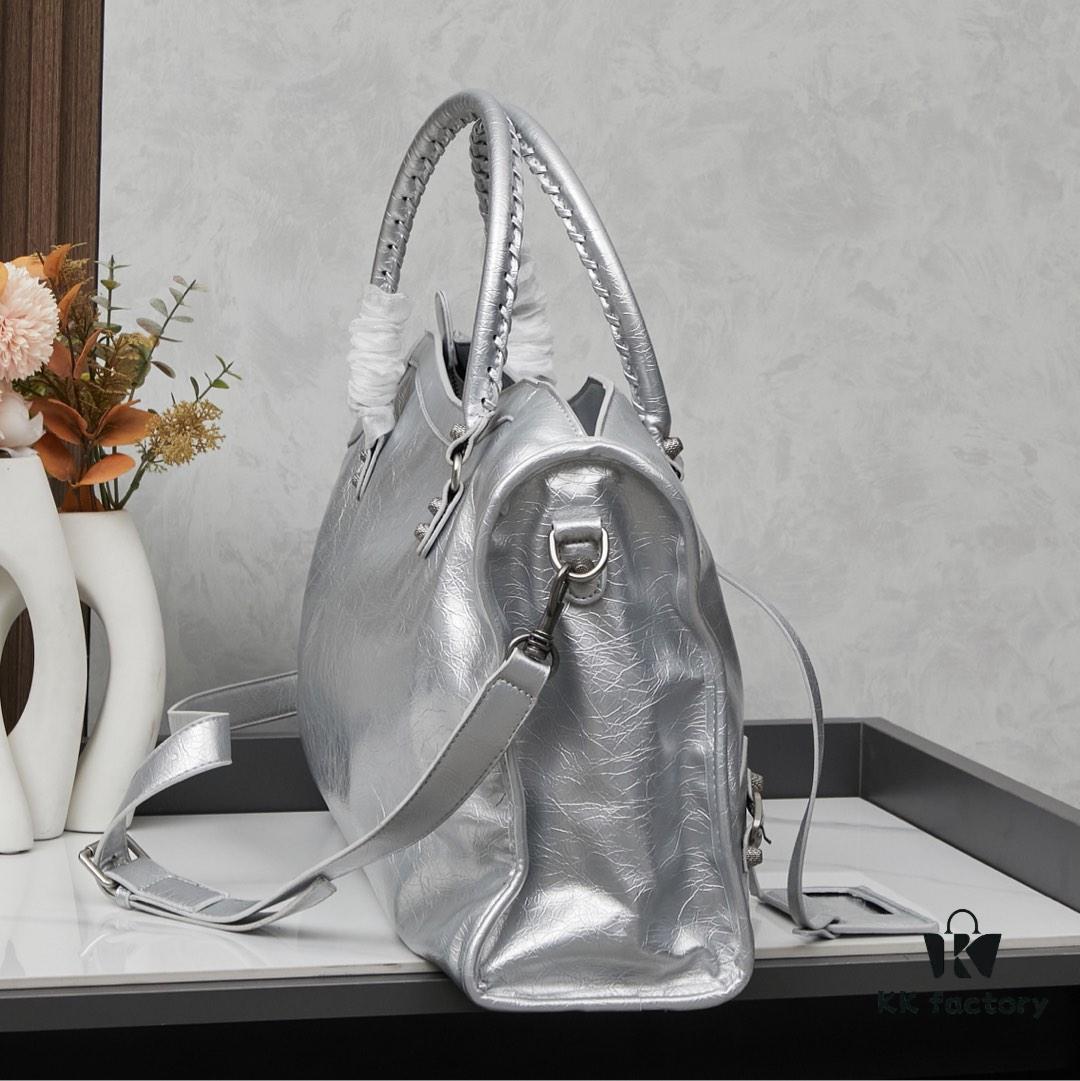 6930e0436e68136f4d9b218d Large Silver Buckle Balenciaga Motorcycle Bag with Box - Gaint City Series